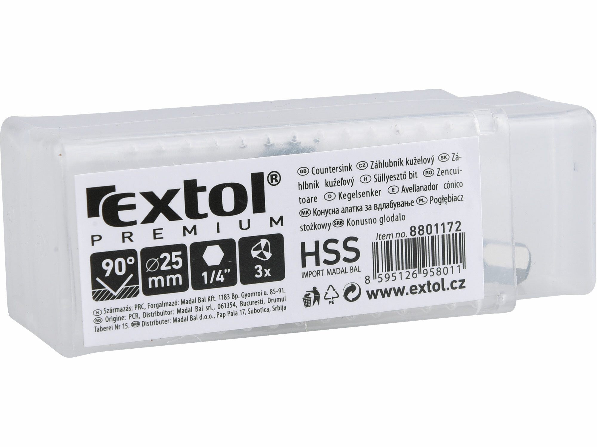 EXTOL PREMIUM 8801172 Záhlbník kuželový 90°, Ø25mm, 3-britá hlava, 1/4" šesťhranná stopka, HSS