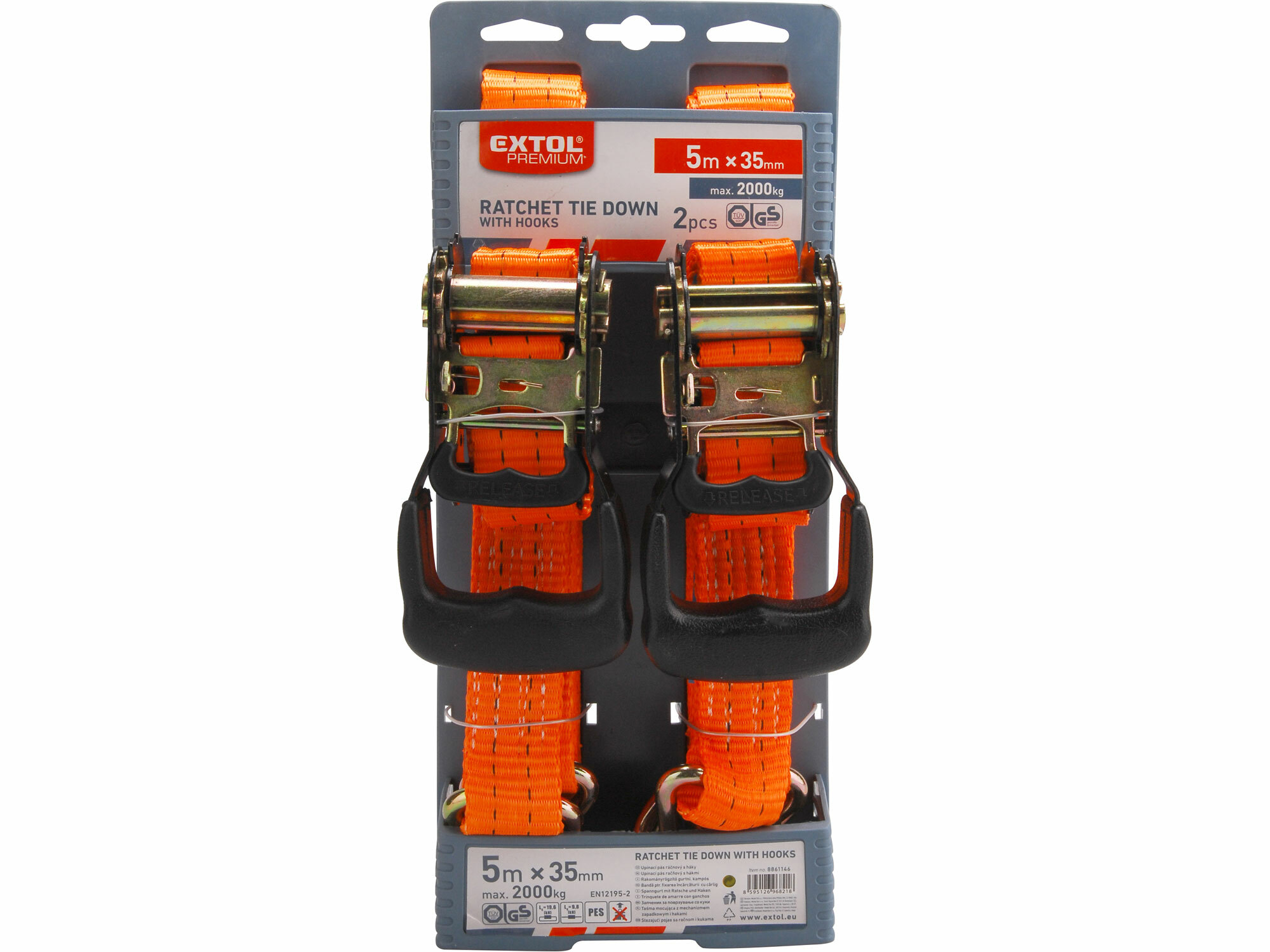 EXTOL PREMIUM 8861146 Pás sťahovací "gurtňa" s 2 hákmi, 5m x 35mm, sada 2ks, max. 2000kg, GS