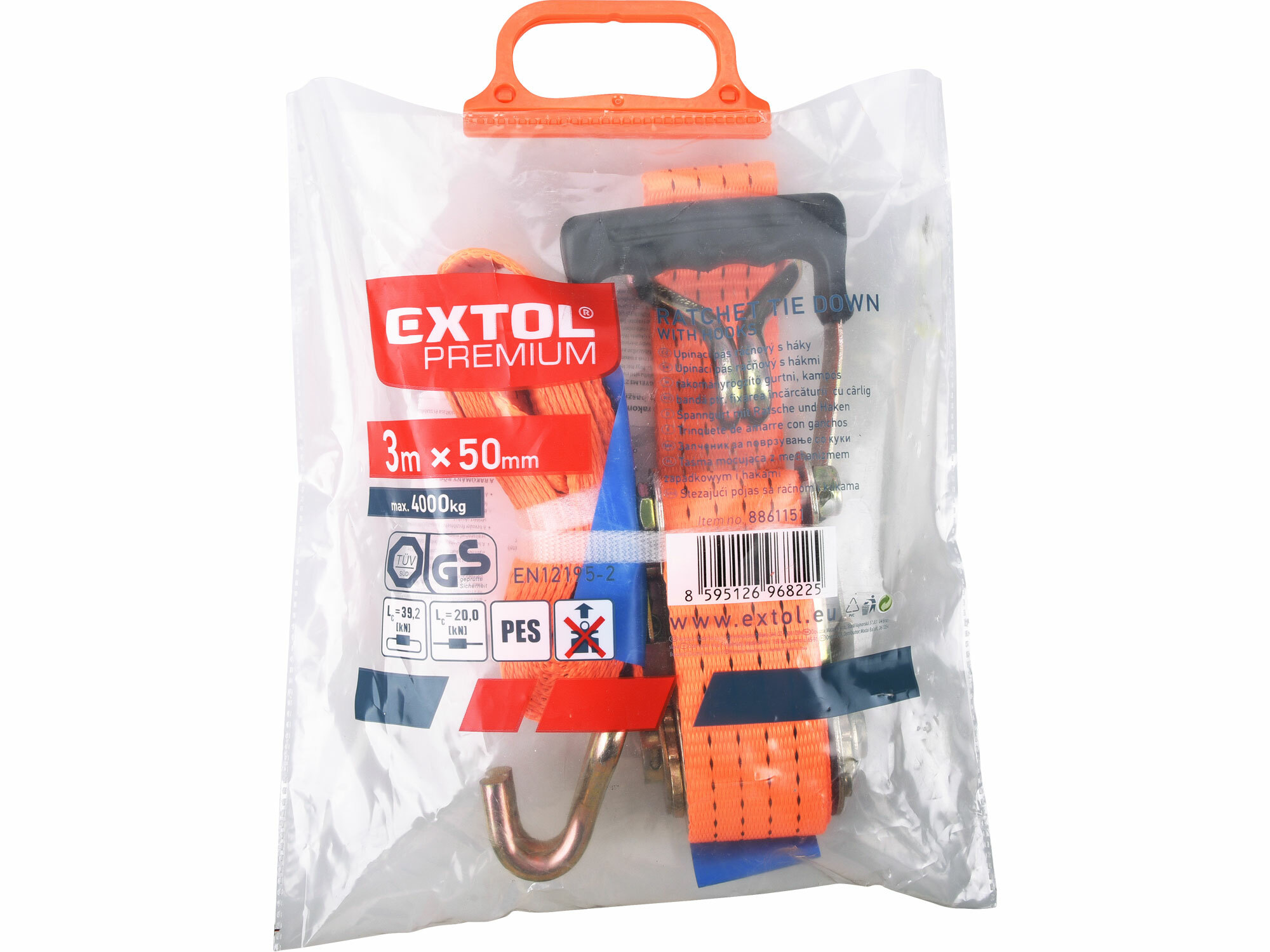 EXTOL PREMIUM 8861151 Pás sťahovací "gurtňa" s 2 hákmi, 3m x 50mm, max. 4000kg, GS