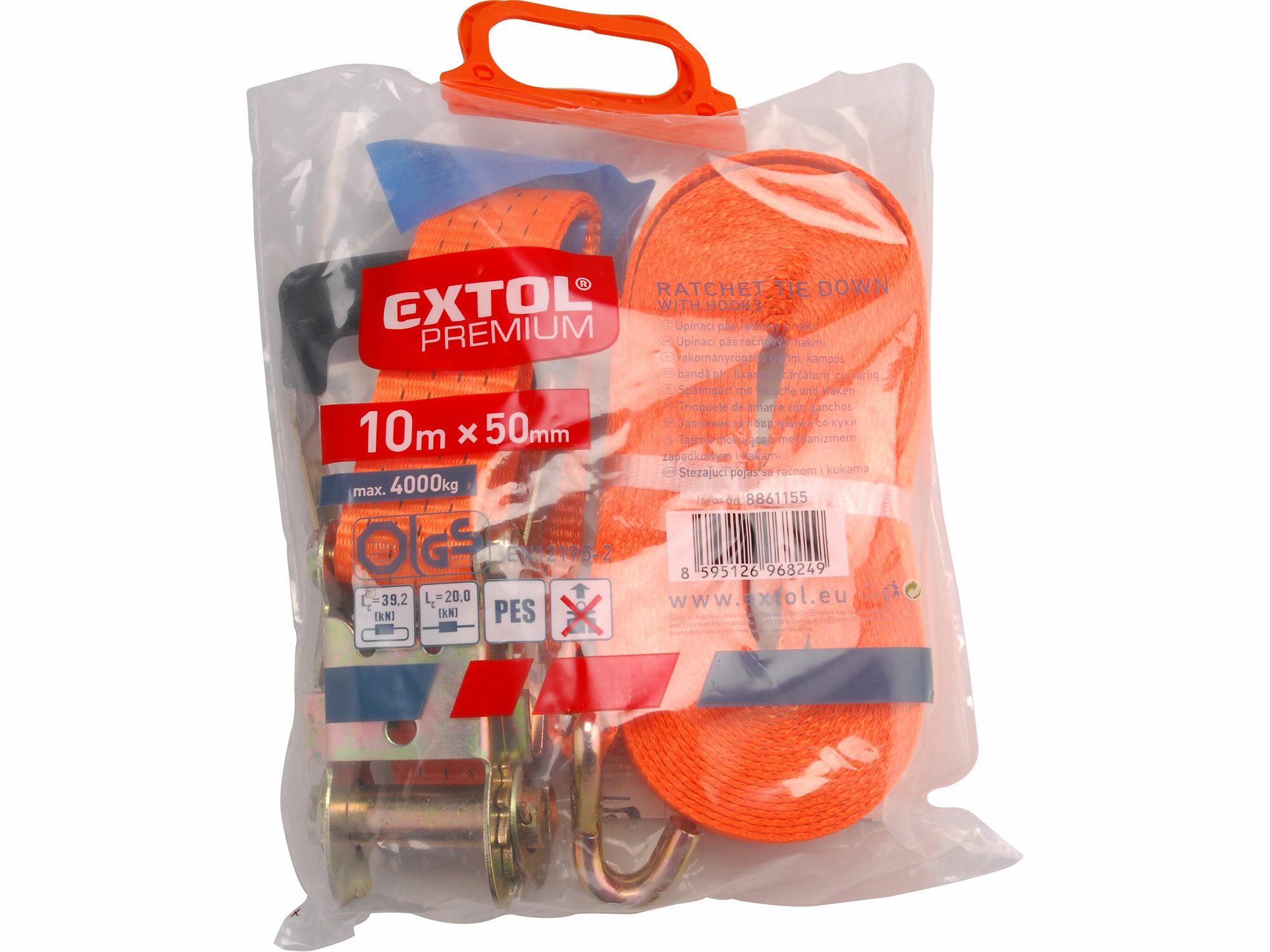 EXTOL PREMIUM 8861155 Pás sťahovací "gurtňa" s 2 hákmi, 10m x 50mm, max. 4000kg, GS