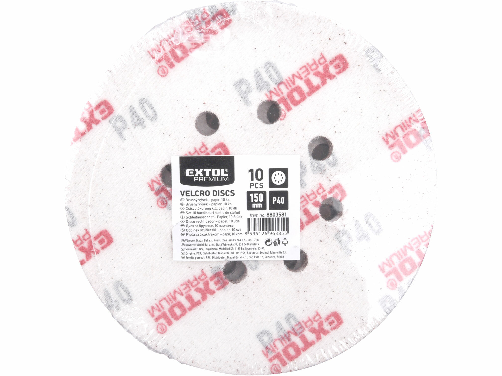 EXTOL PREMIUM 8803581 Papier brúsny na s. zips Ø150mm s otvormi, P40, 10ks