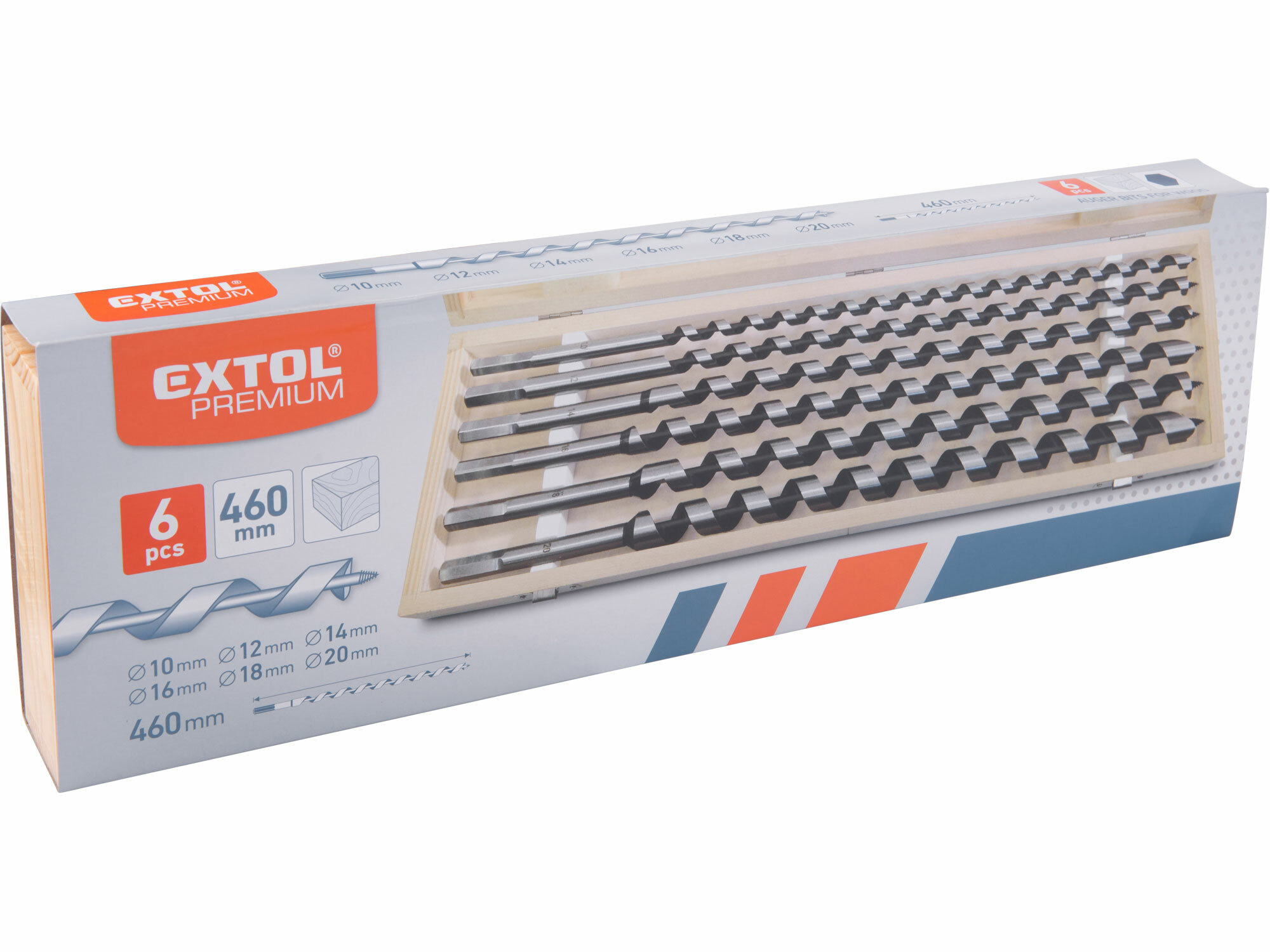EXTOL PREMIUM 8801292 Vrtáky do dreva Ø10-20mm, dĺžka 460mm, sada 6ks, drevevné puzdro