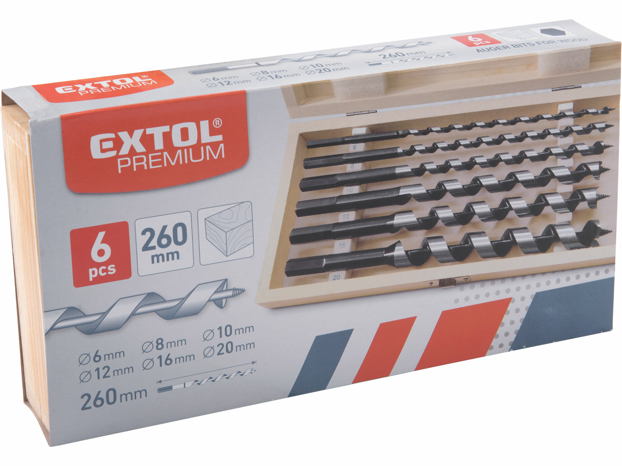 EXTOL PREMIUM 8801290 Vrtáky do dreva Ø16-20mm, dĺžka 260mm, sada 6ks, drevevné puzdro