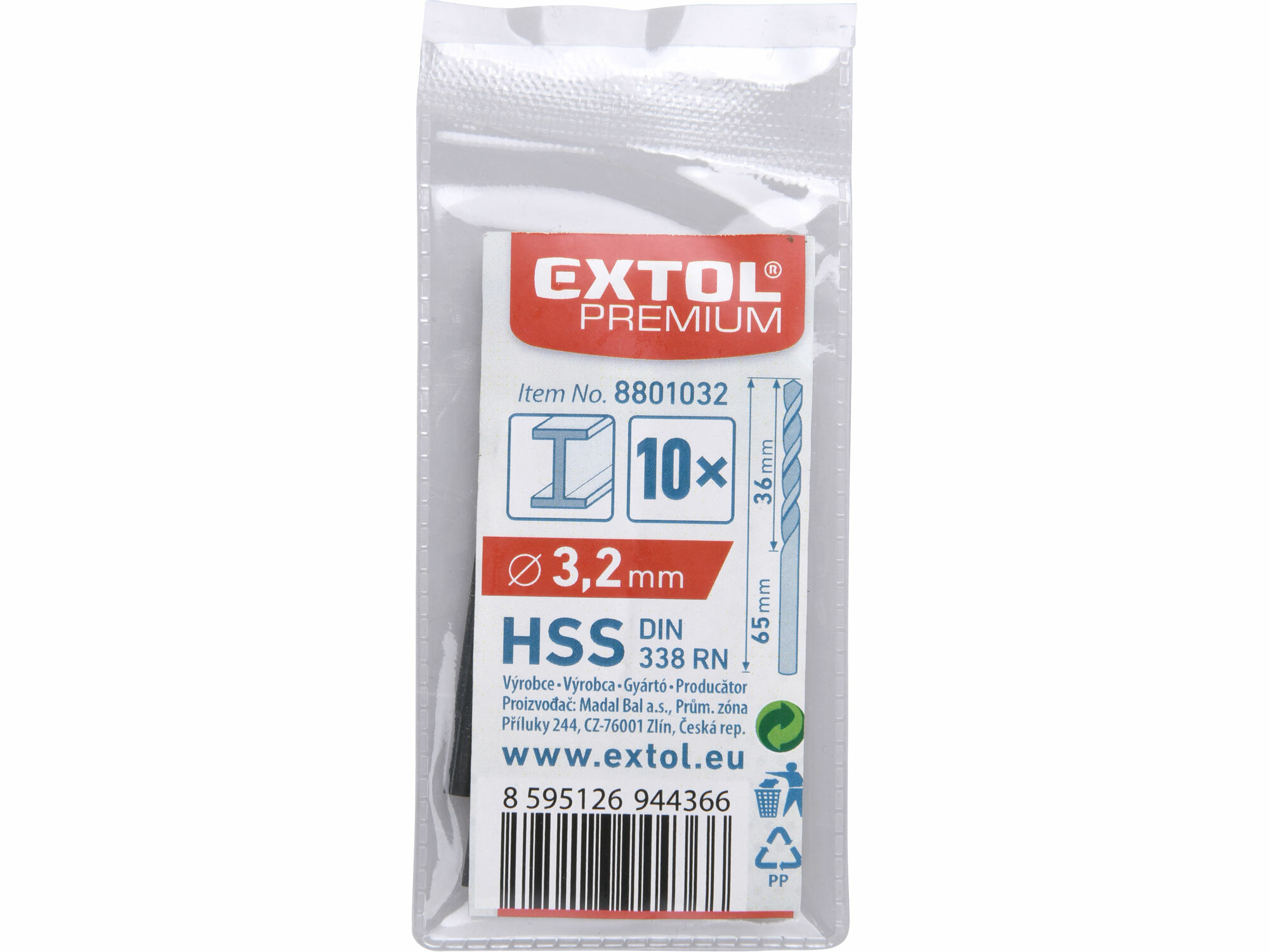 EXTOL PREMIUM 8801032 Vrták do kovu 10ks, HSS, DIN338, Ø3,2mm