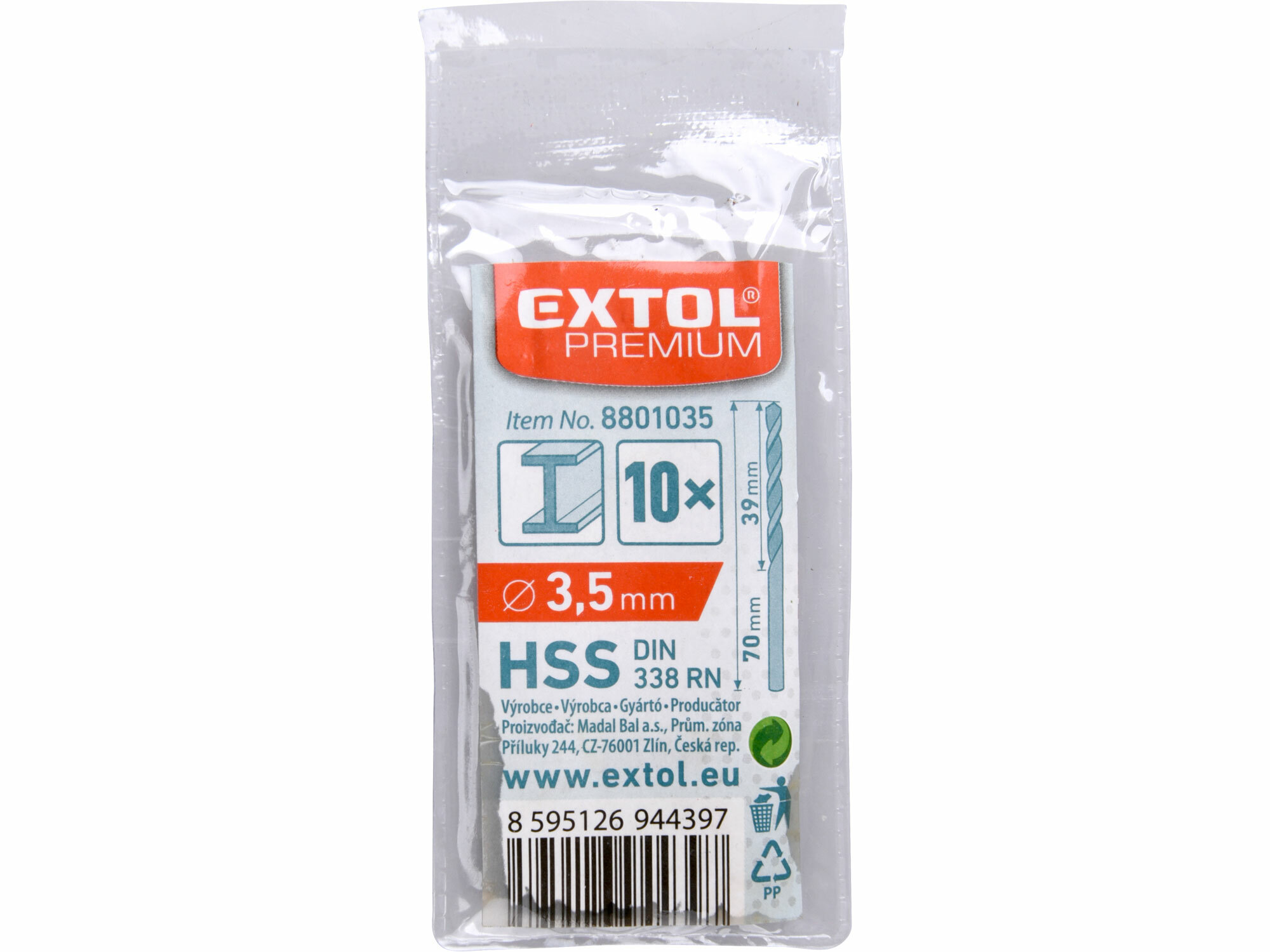 EXTOL PREMIUM 8801035 Vrták do kovu 10ks, HSS, DIN338, Ø3,5mm