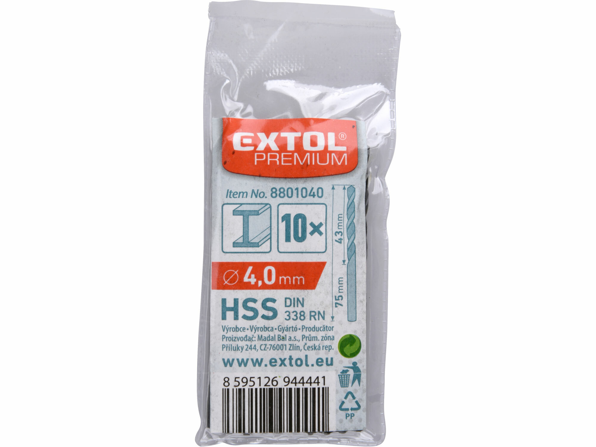 EXTOL PREMIUM 8801040 Vrták do kovu 10ks, HSS, DIN338, Ø4,0mm