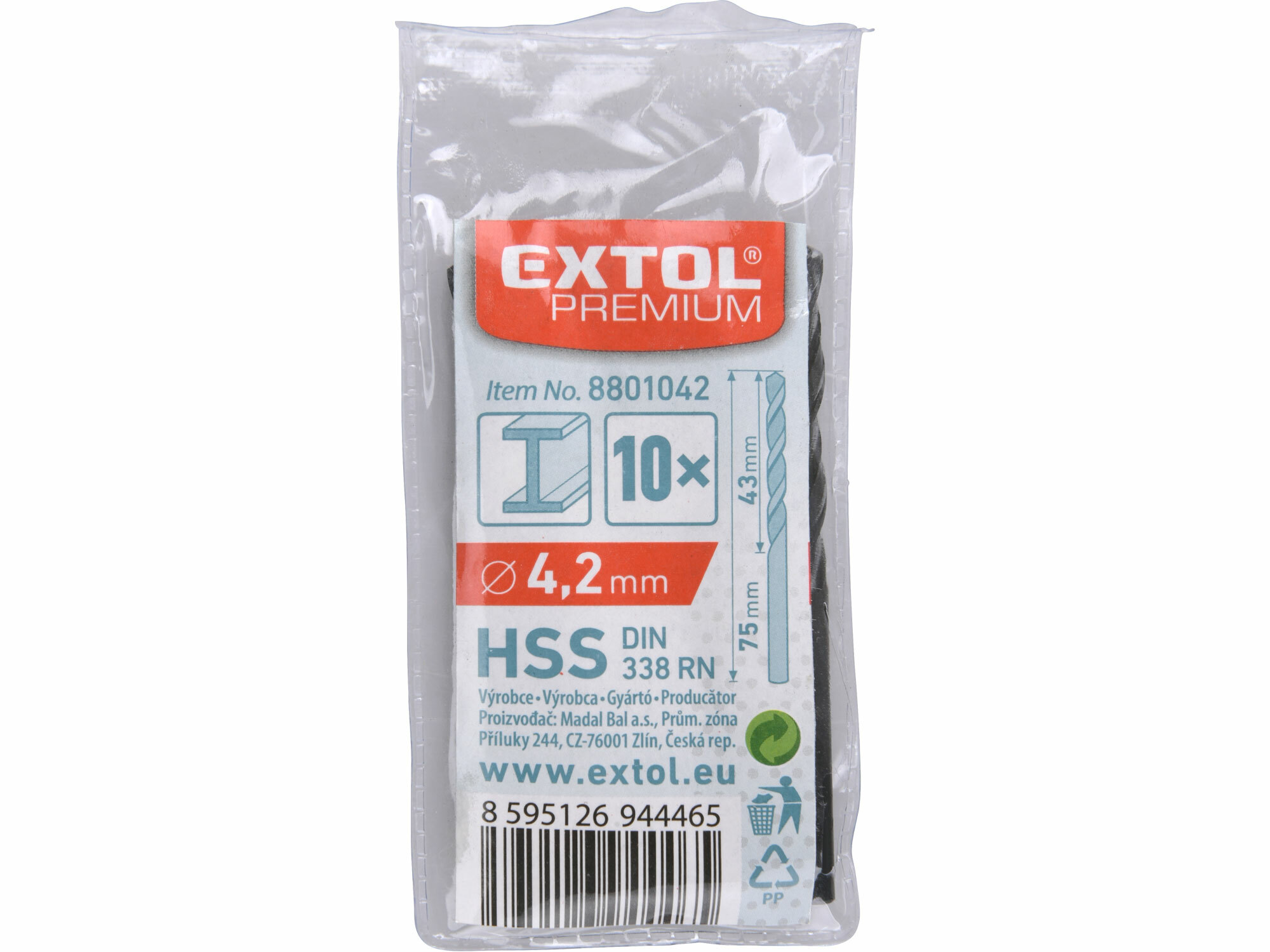 EXTOL PREMIUM 8801042 Vrták do kovu 10ks, HSS, DIN338, Ø4,2mm