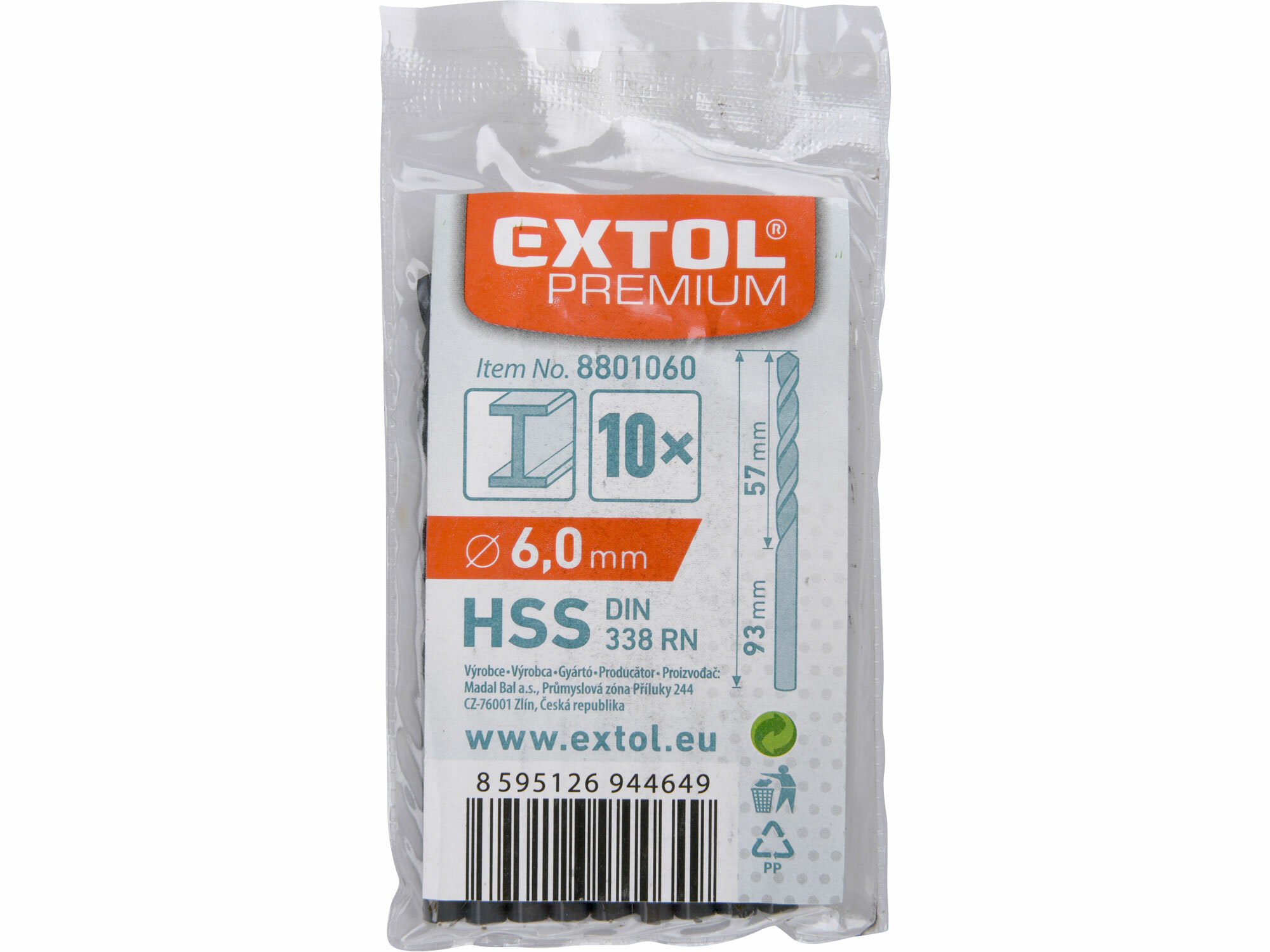 EXTOL PREMIUM 8801060 Vrták do kovu 10ks, HSS, DIN338, Ø6,0mm