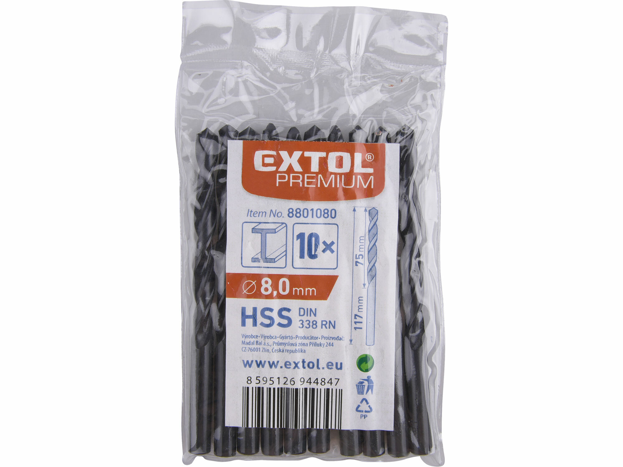 EXTOL PREMIUM 8801080 Vrták do kovu 10ks, HSS, DIN338, Ø8,0mm
