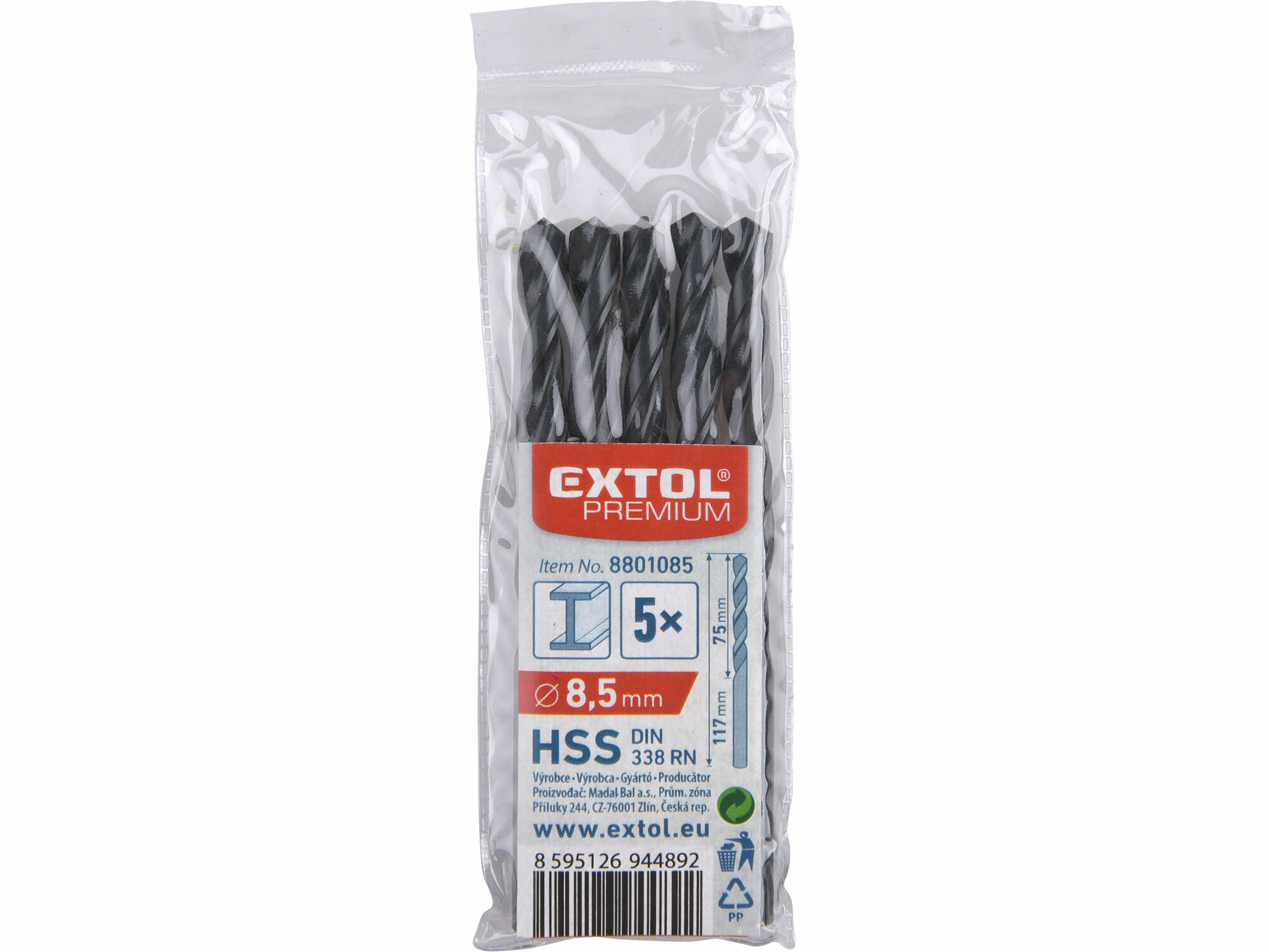 EXTOL PREMIUM 8801085 Vrták do kovu 5ks, HSS, DIN338, Ø8,5mm