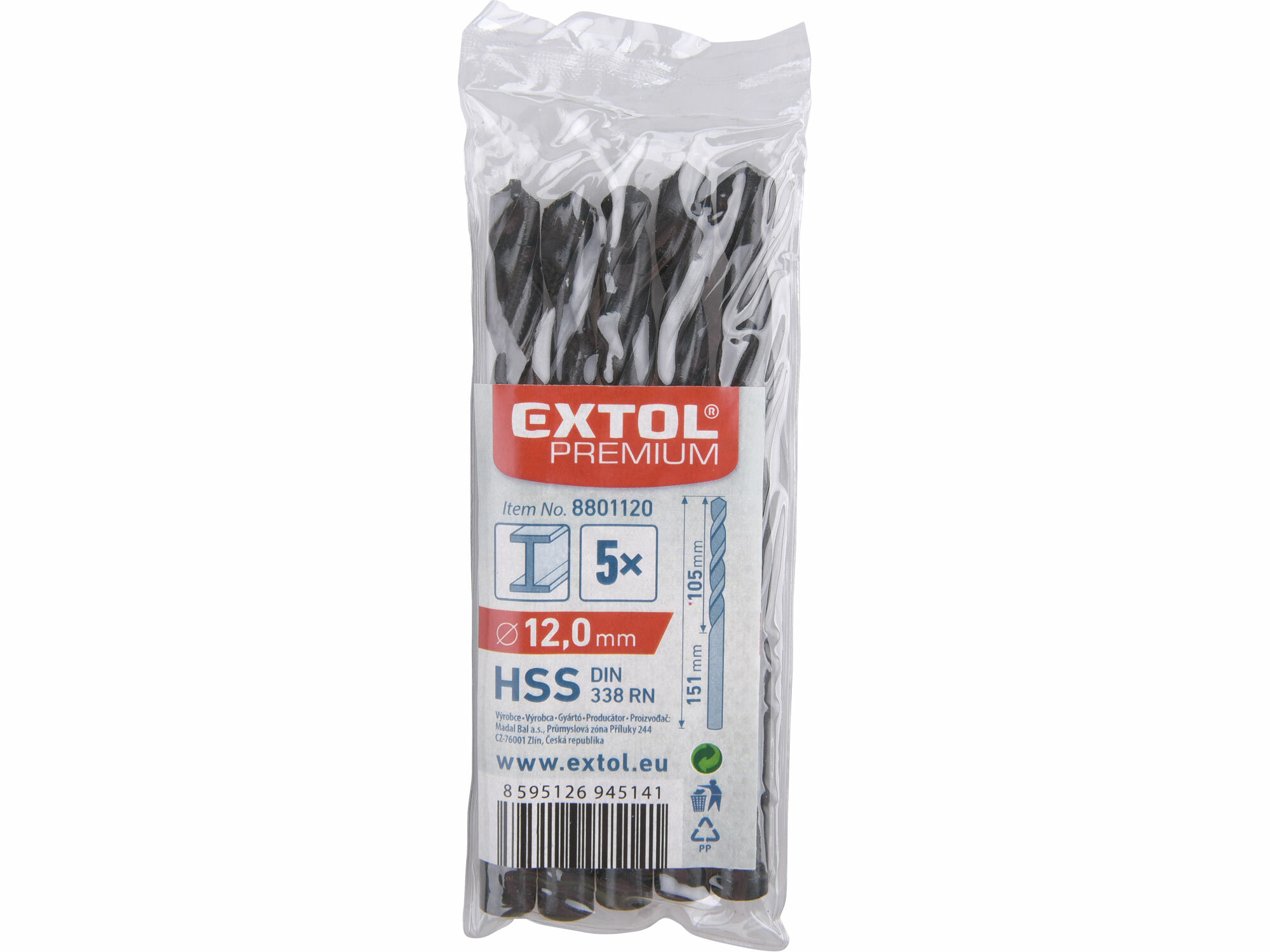 EXTOL PREMIUM 8801120 Vrták do kovu 5ks, HSS, DIN338, Ø12,0mm