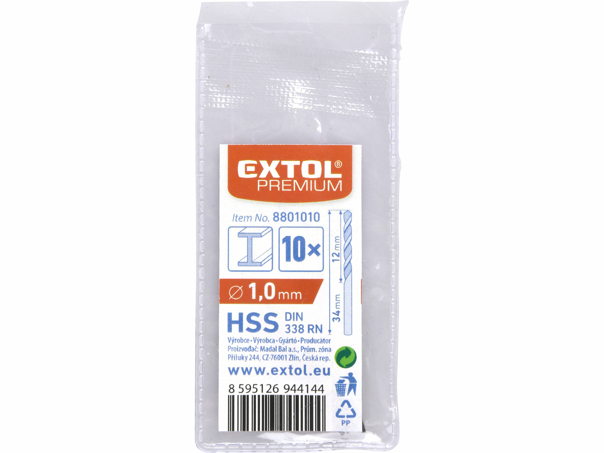 EXTOL PREMIUM 8801010 Vrták do kovu 10ks, HSS, DIN338, Ø1,0mm