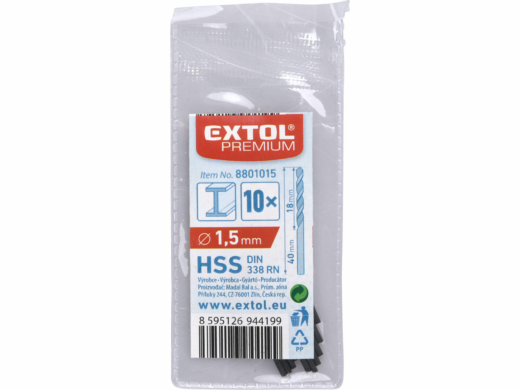 EXTOL PREMIUM 8801015 Vrták do kovu 10ks, HSS, DIN338, Ø1,5mm