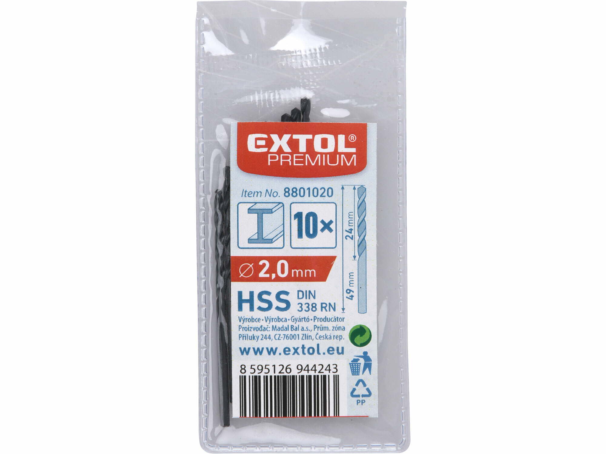 EXTOL PREMIUM 8801020 Vrták do kovu 10ks, HSS, DIN338, Ø2,0mm