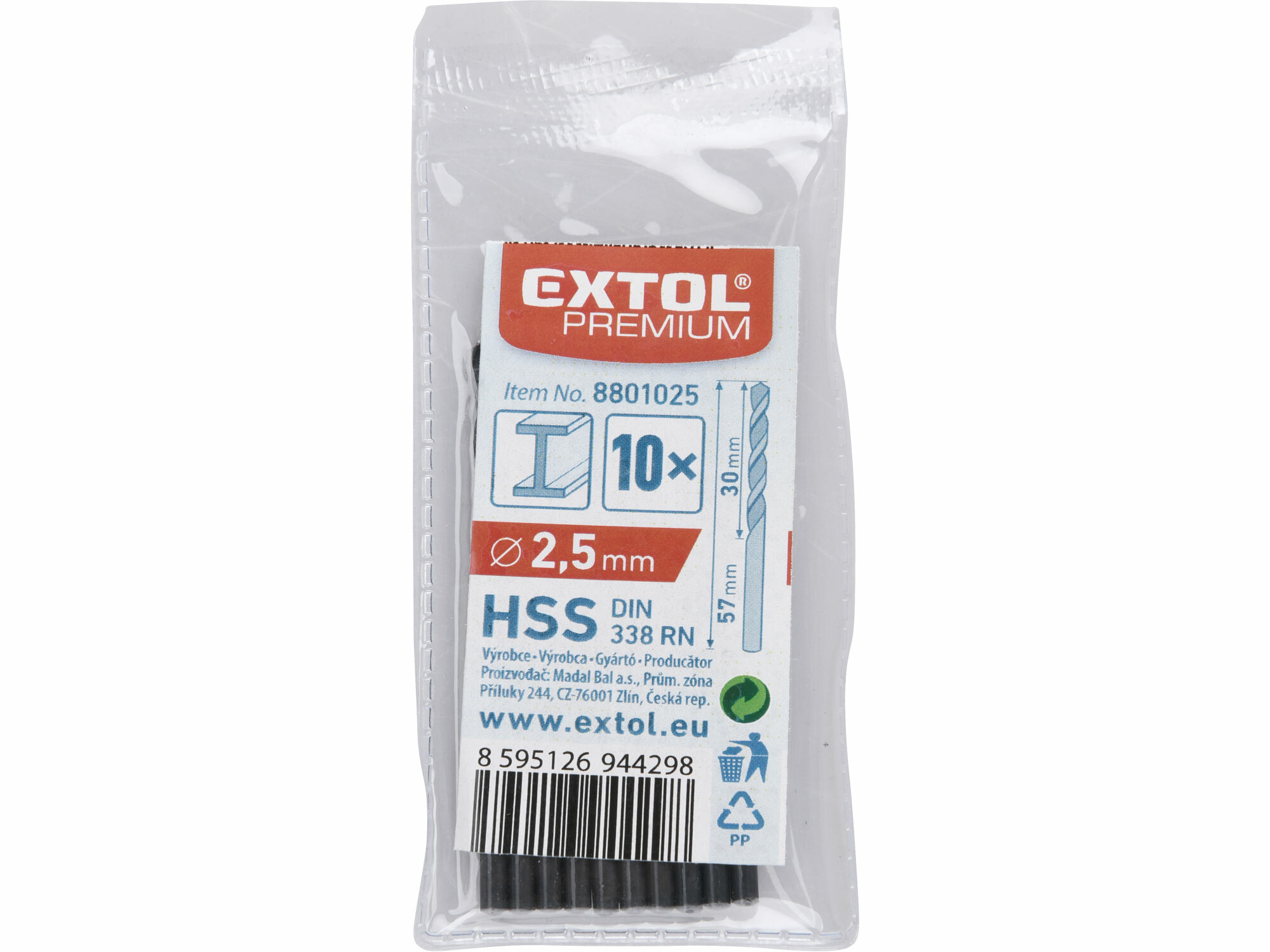 EXTOL PREMIUM 8801025 Vrták do kovu 10ks, HSS, DIN338, Ø2,5mm