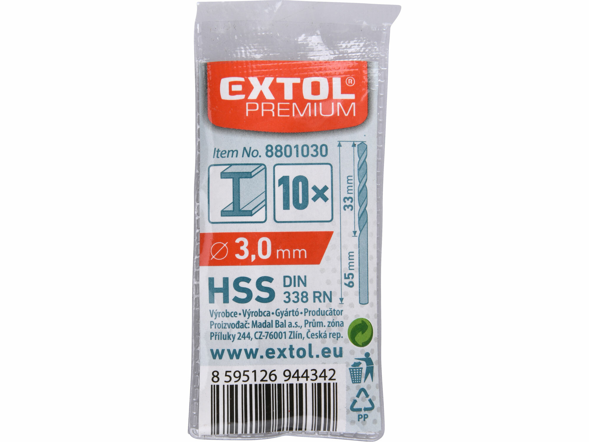 EXTOL PREMIUM 8801030 Vrták do kovu 10ks, HSS, DIN338, Ø3,0mm