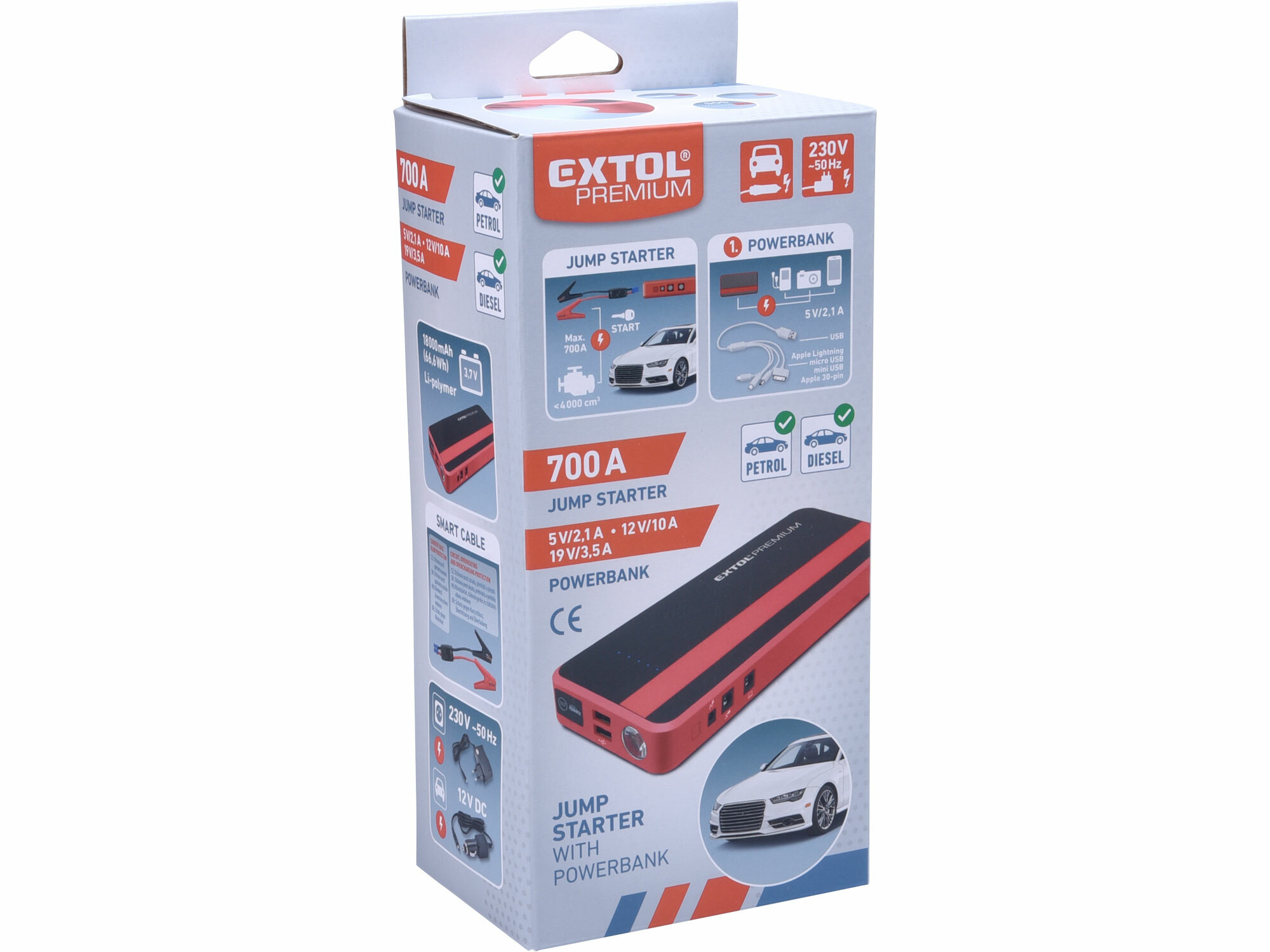 EXTOL PREMIUM 8897321 Štartovací zdroj s powerbankou, 18000mAh, 350A, max.700A