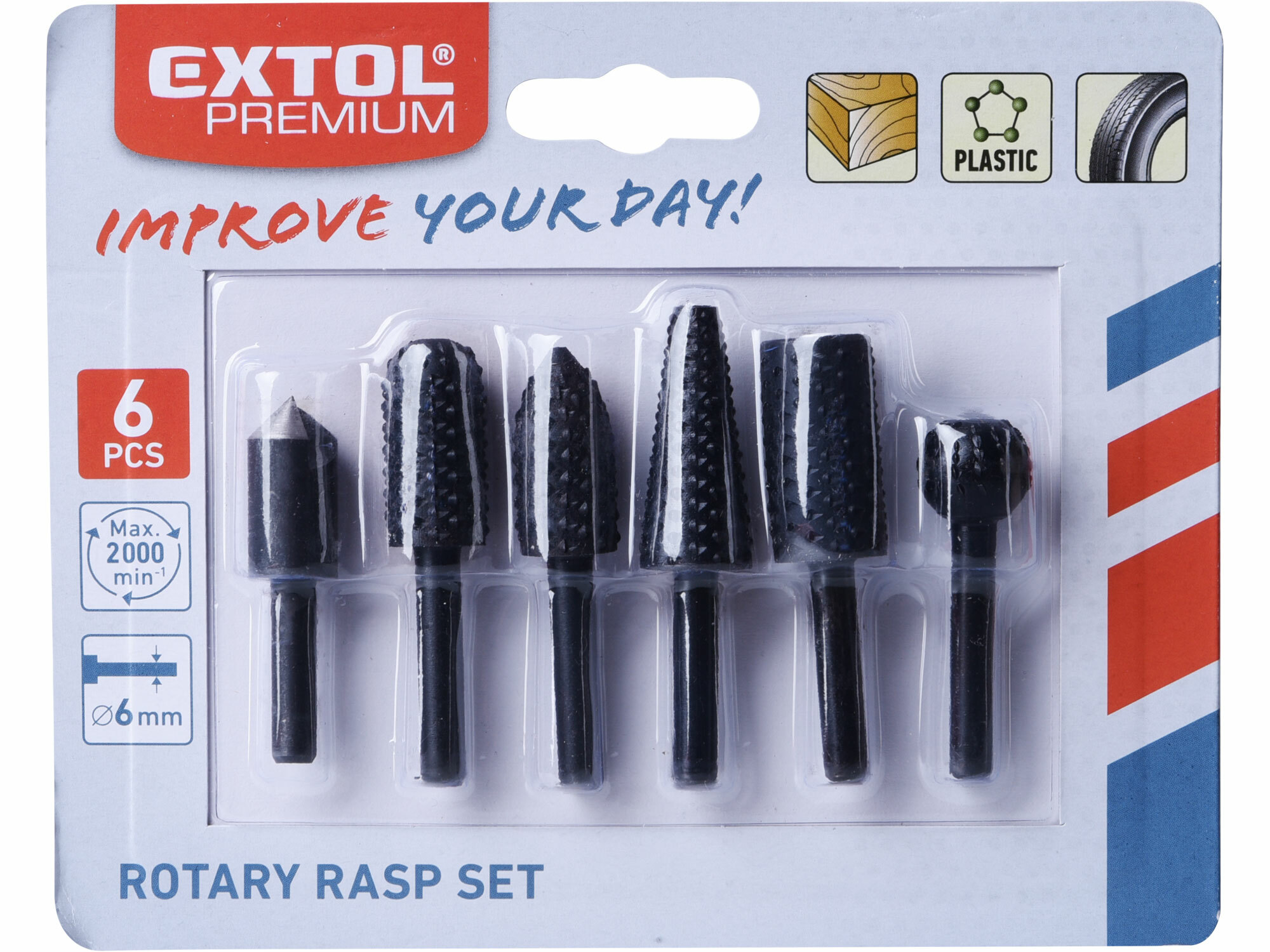 EXTOL PREMIUM 8803701 Rašple rotačné na drevo, 6-dielna sada, stopka Ø6mm