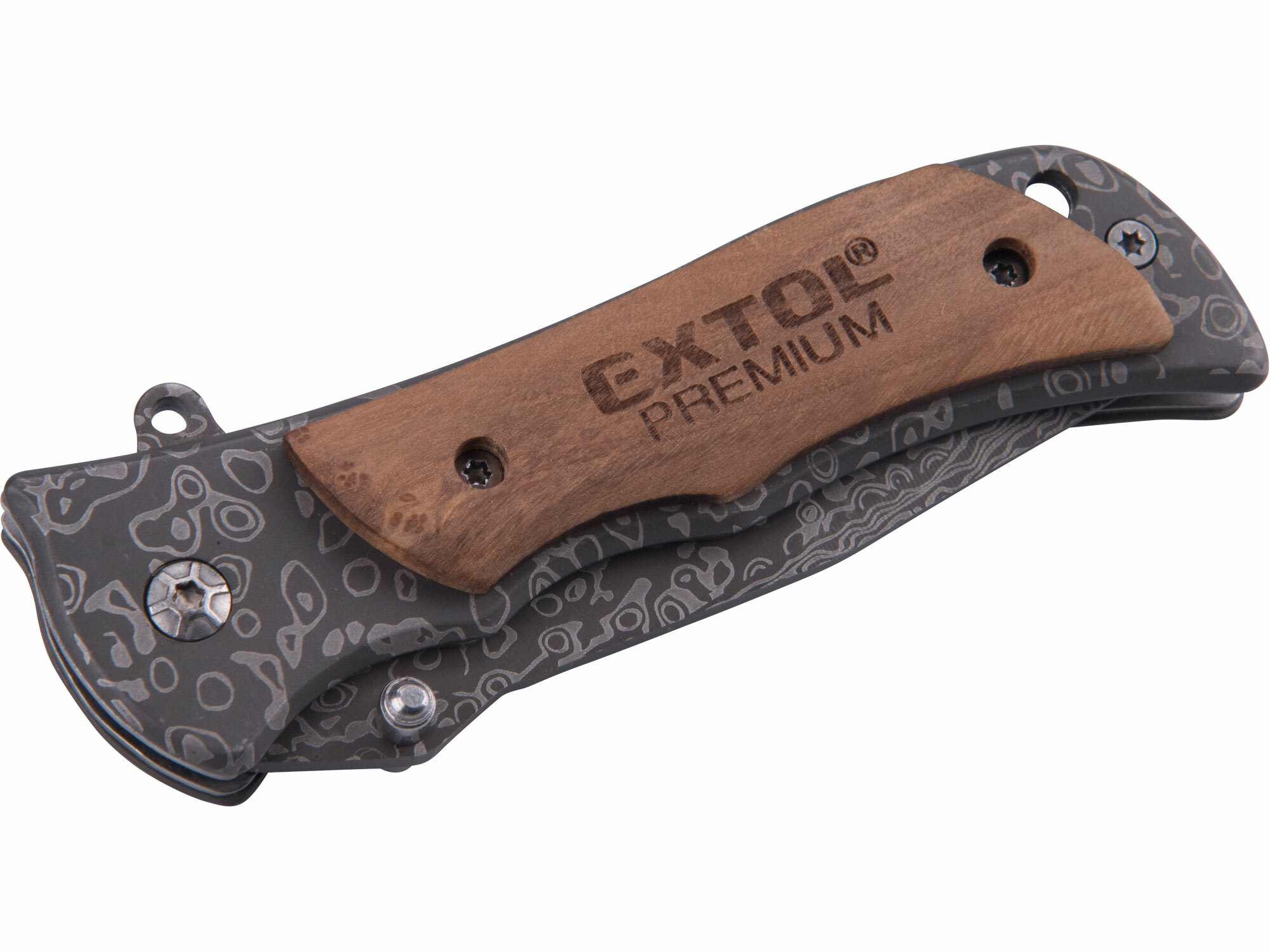 EXTOL PREMIUM 8855121 Nož zatvárací s poistkou 160mm, vzor damašková oceľ, klip na opasok