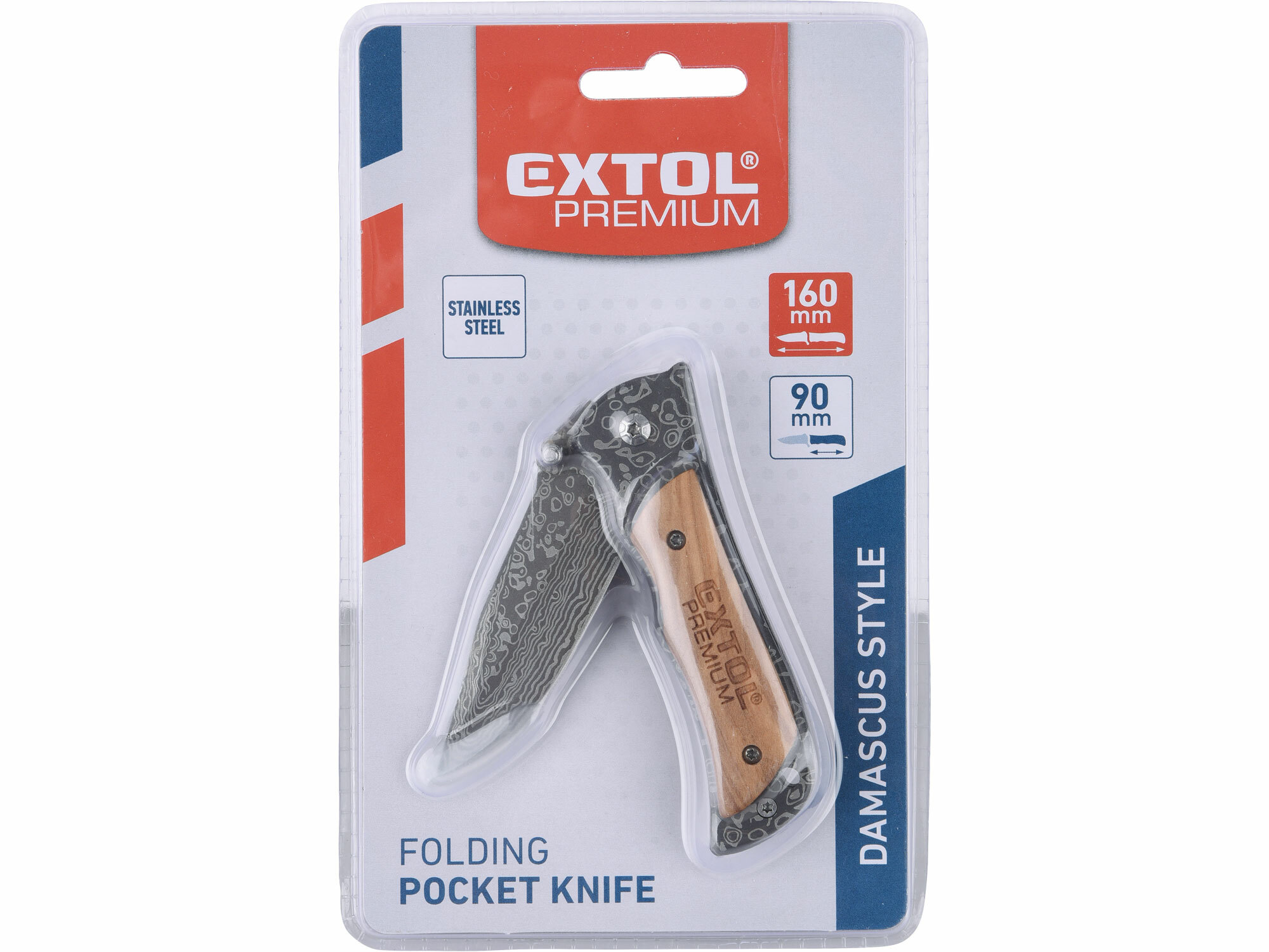 EXTOL PREMIUM 8855121 Nož zatvárací s poistkou 160mm, vzor damašková oceľ, klip na opasok