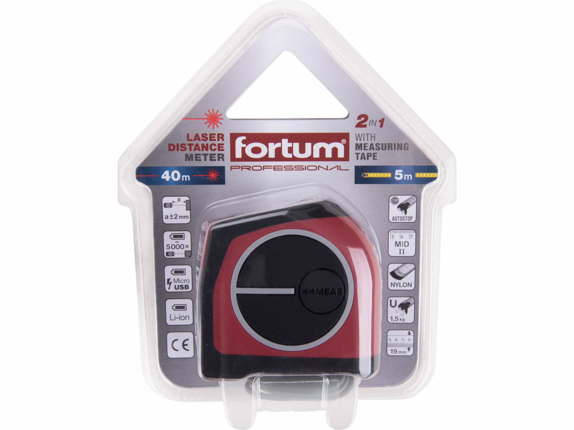 FORTUM 4780275 Meter zvinovací s laserovým meračom vzdialenosti 2v1