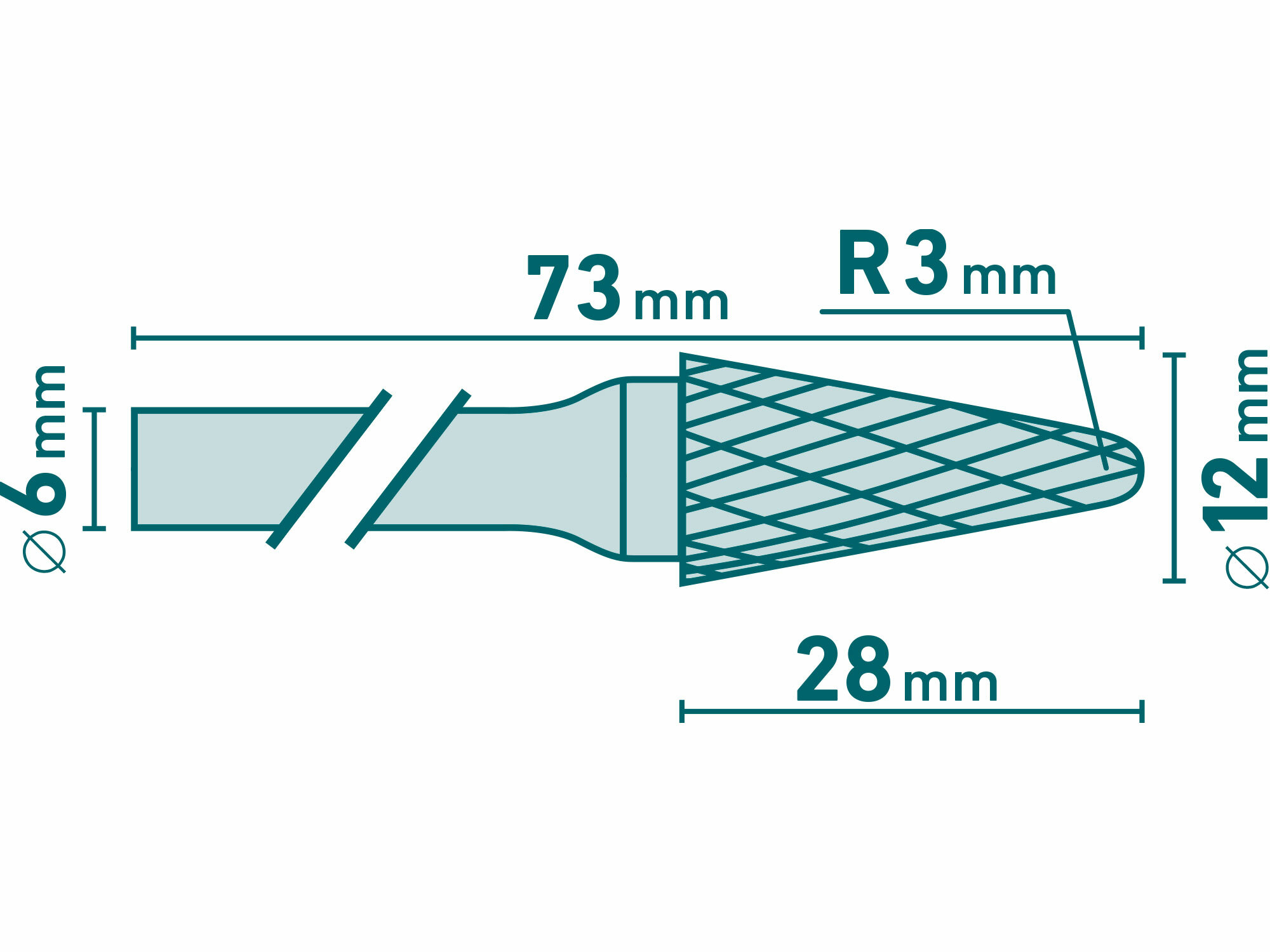 EXTOL INDUSTRIAL 8703785 Fréza karbidová kónická, pologuľaté čelo, Ø12mm, rezná dĺžka 28mm, stopka Ø6mm