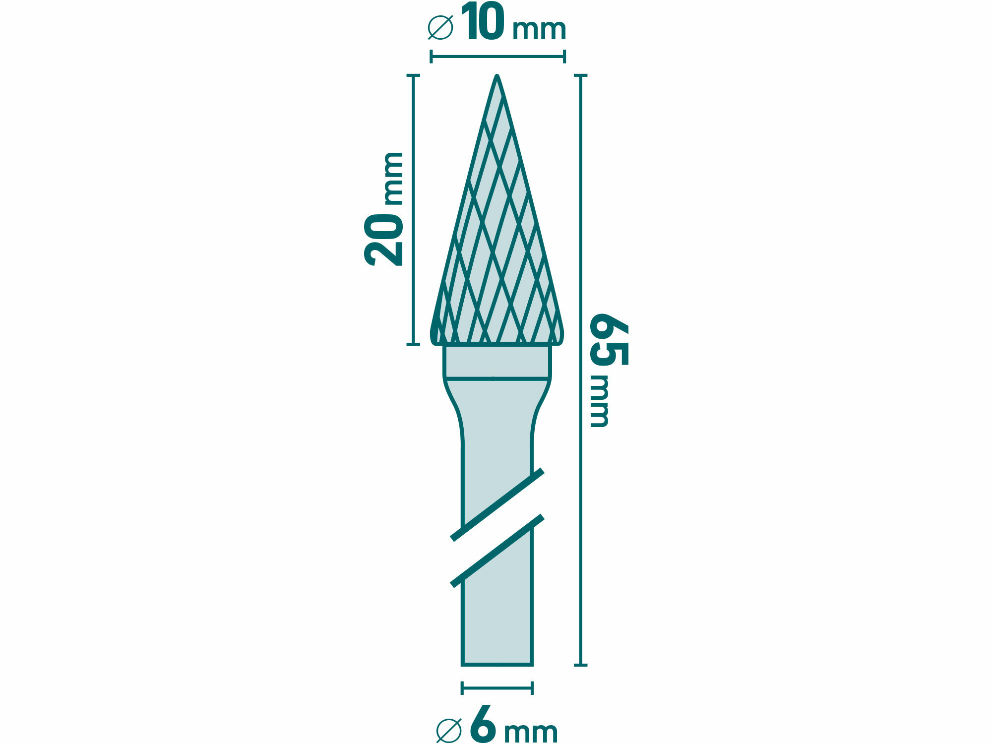 EXTOL INDUSTRIAL 8703794 Fréza karbidová kónická špicatá, Ø10mm, rezná dĺžka 20mm, stopka Ø6mm