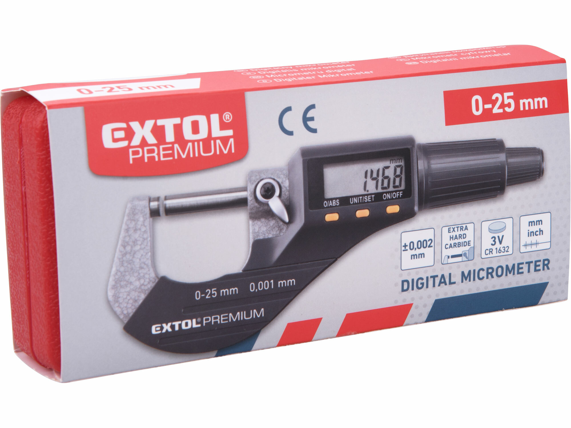 EXTOL PREMIUM 8825320 Mikrometer digitálny, 0-25mm, plastové puzdro