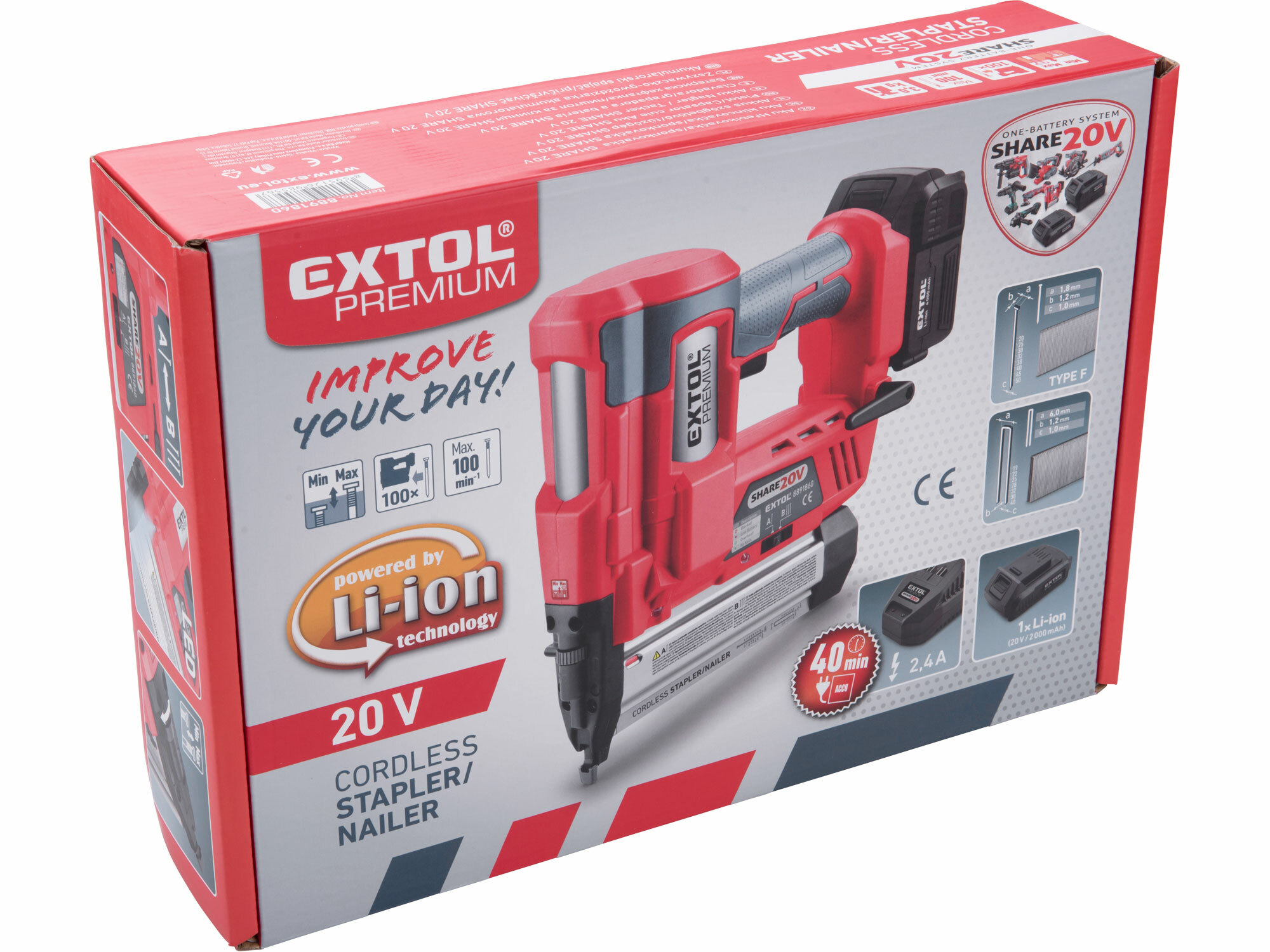 EXTOL PREMIUM 8891861 Aku klincovačka a sponkovačka Share20V (bez batérie)