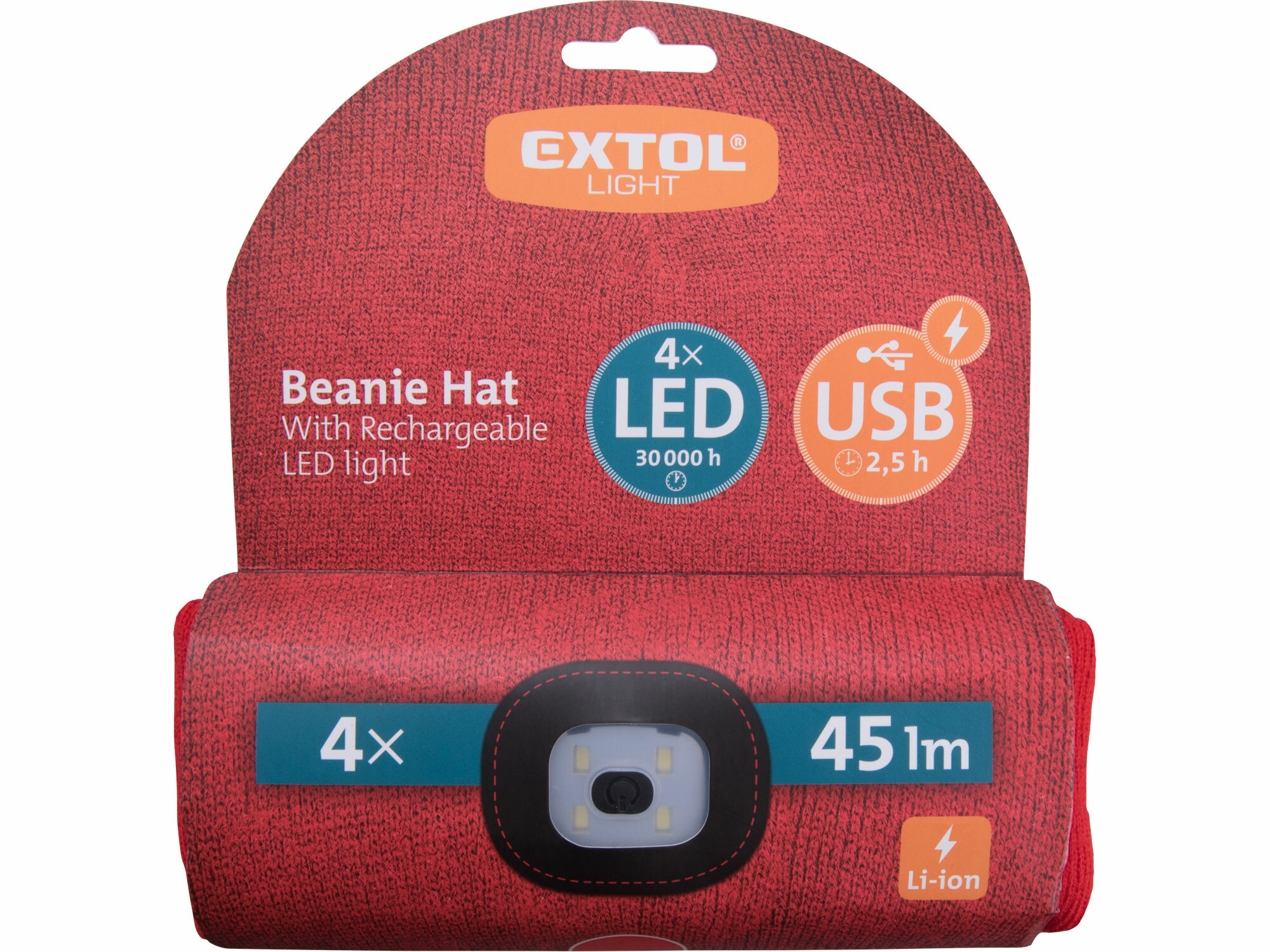 EXTOL LIGHT 43198 Čiapka červená s čelovým svetlom, LED 4x45lm, 300mAh Li-ion