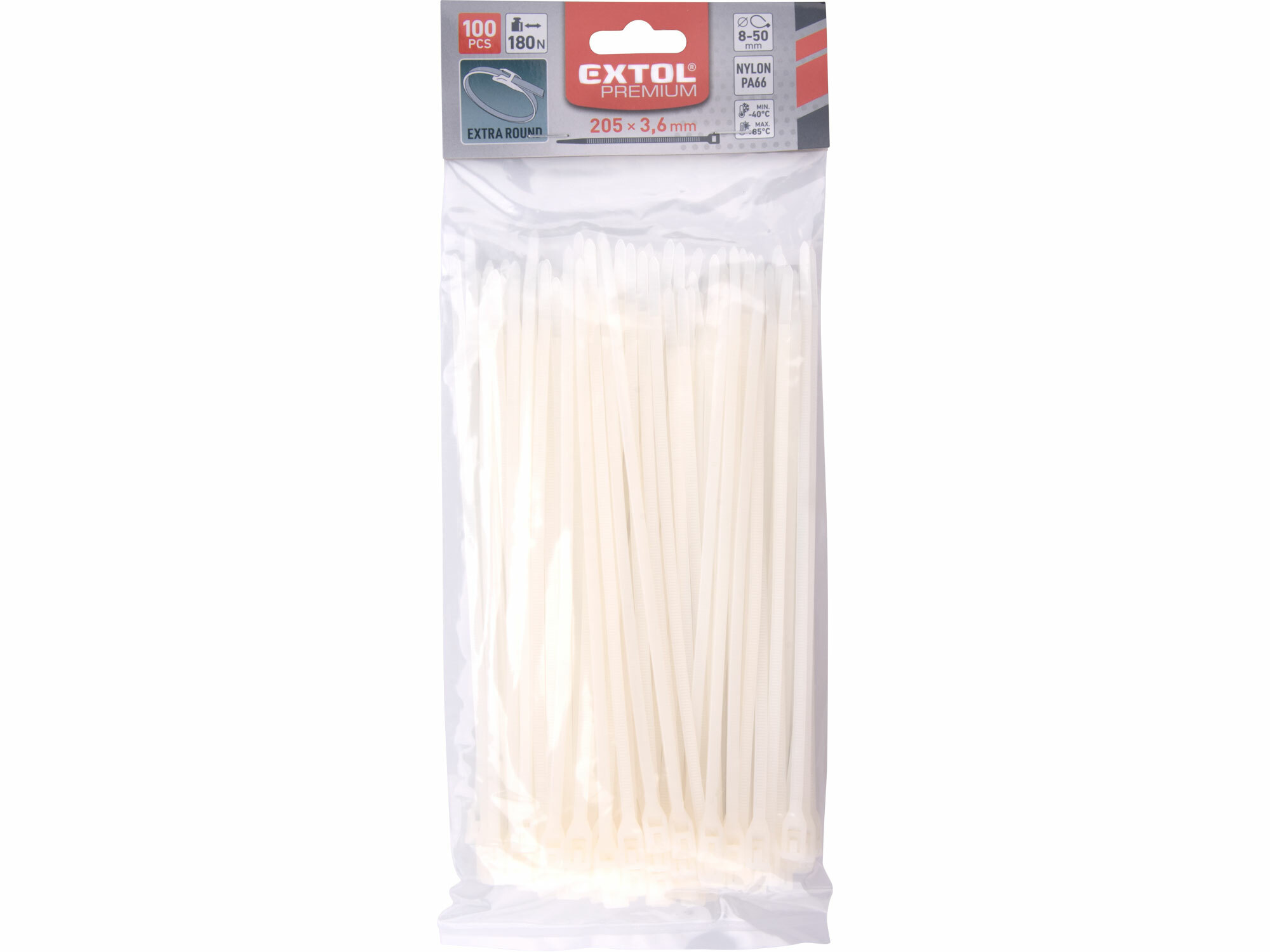 EXTOL PREMIUM 8856222 Pásky sťahovacie biele, nízkoprofilový zámok, 3,6x205mm, 100ks