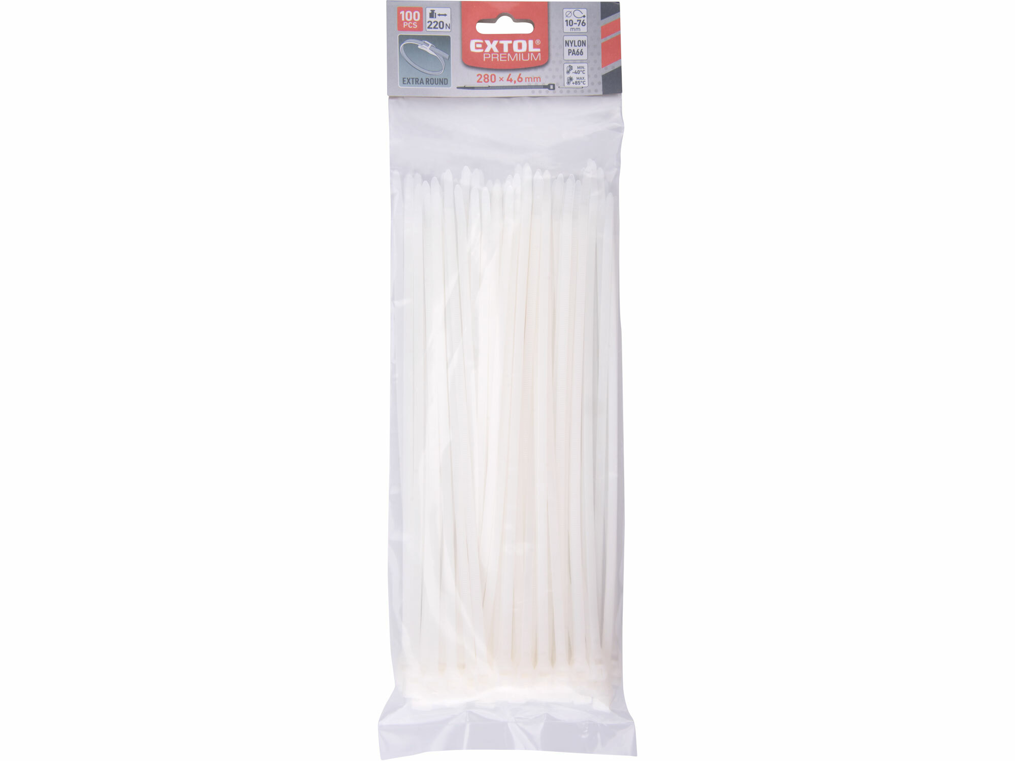 EXTOL PREMIUM 8856224 Pásky sťahovacie biele, nízkoprofilový zámok, 4,6x280mm, 100ks