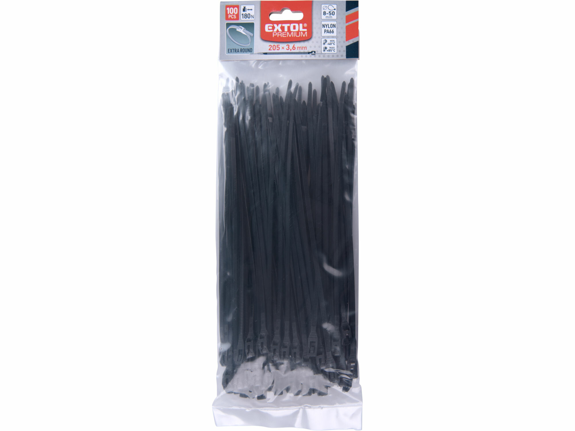 EXTOL PREMIUM 8856232 Pásky sťahovacie čierne, nízkoprofilový zámok, 3,6x205mm, 100ks