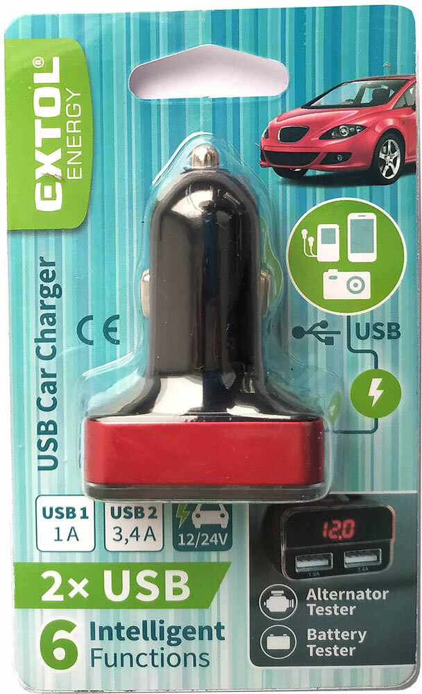 EXTOL ENERGY 42084 Nabíjačka USB do auta, 12-24V, výstup 5V/3,1A, 2xUSB, LCD