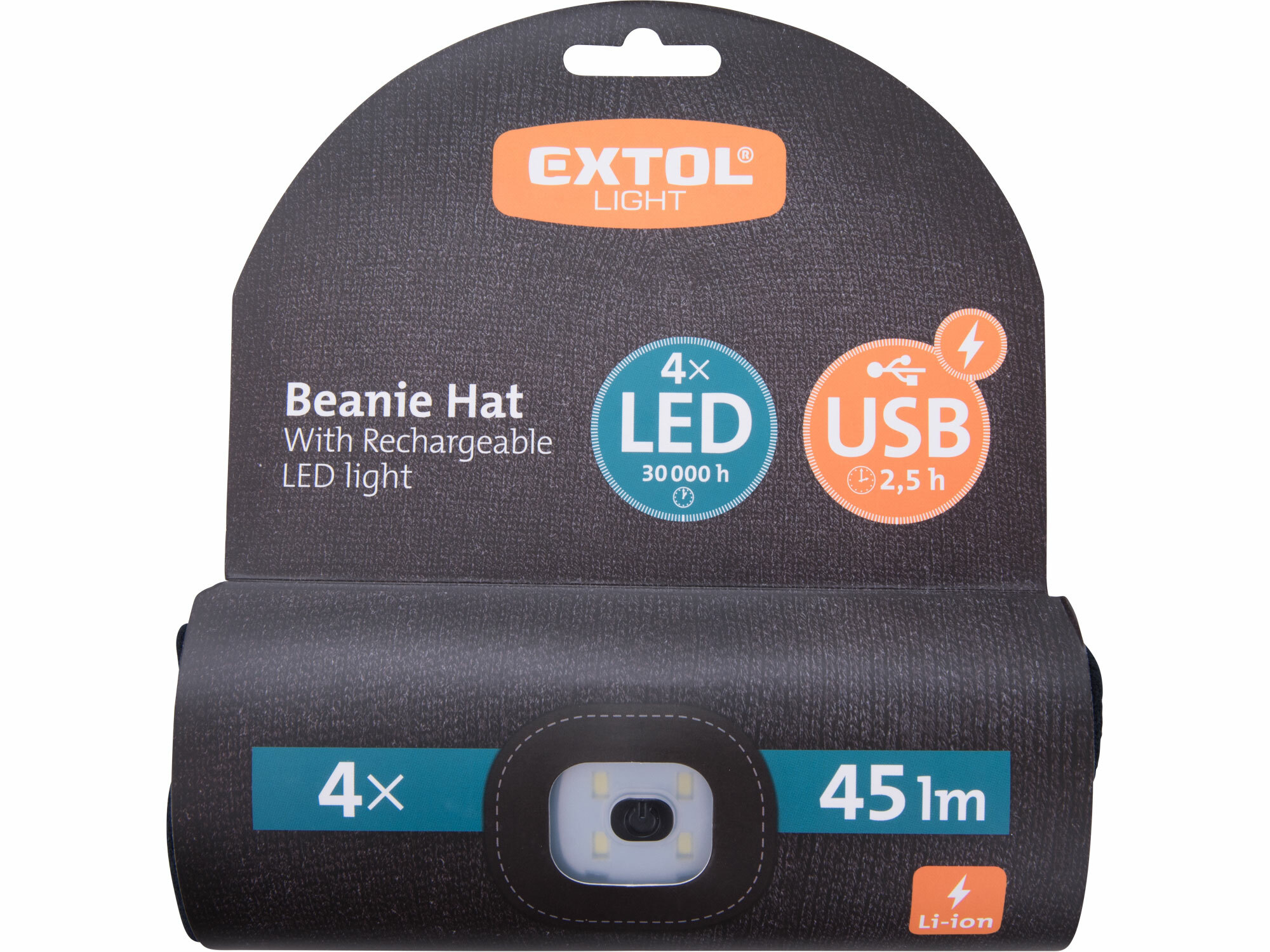EXTOL LIGHT 43199 Čiapka čierna s čelovým svetlom, 4xLED (4x45lm), 300mAh Li-ion