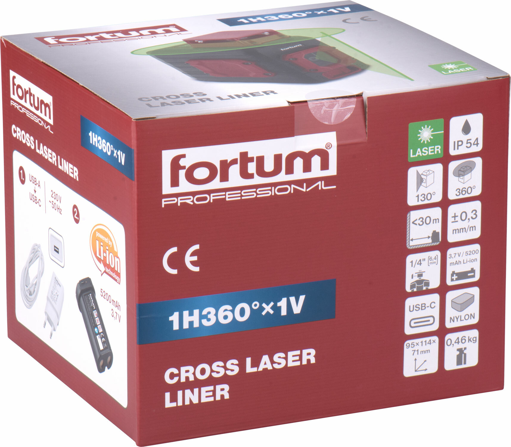 FORTUM 4780209 Laser líniový, krížový samonivelačný, zelený, 1D1V(1H360+1V), Li-ion akumulátor
