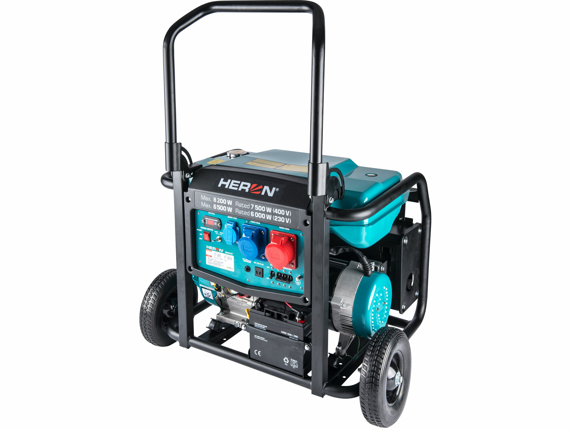 HERON 8896147 Elektrocentrála rámová benzínová 3F, 8,2kW/7,5kW, podvozok, elektrický štart