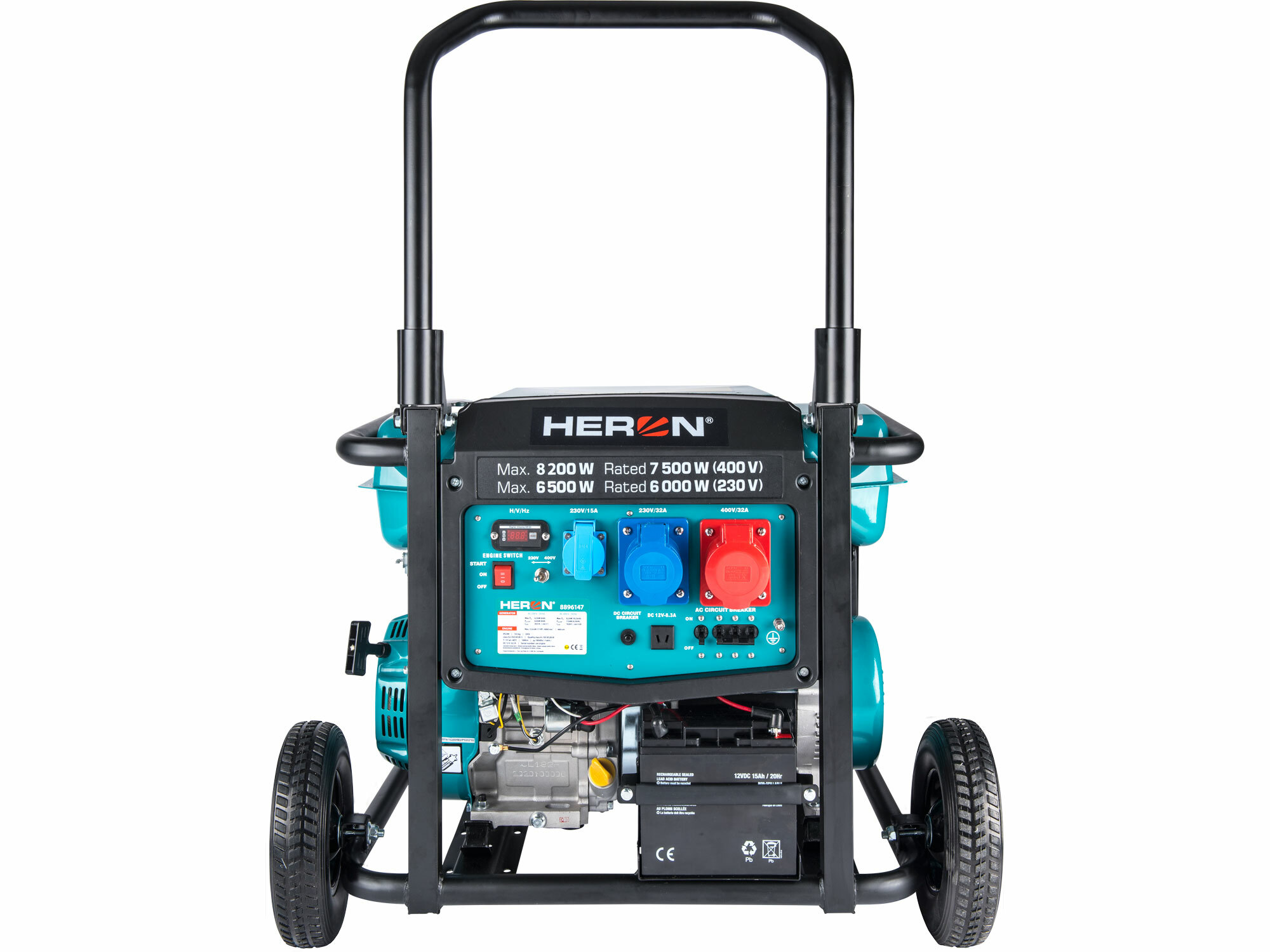 HERON 8896147 Elektrocentrála rámová benzínová 3F, 8,2kW/7,5kW, podvozok, elektrický štart