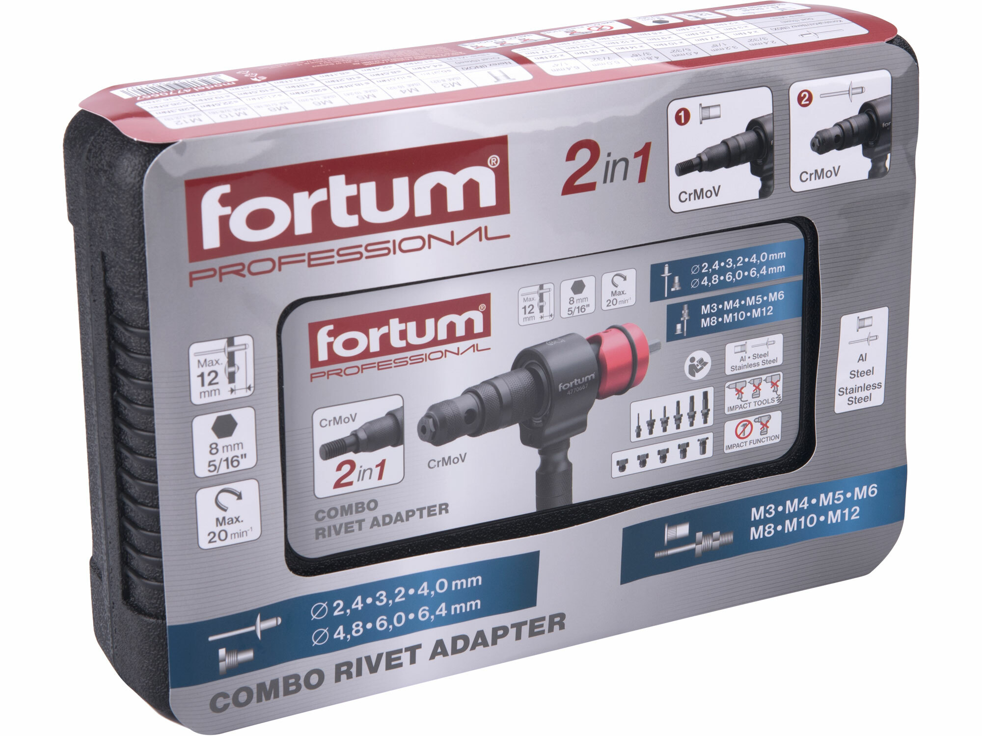 FORTUM 4770667 Nadstavec na nitovanie 2v1, nity 2,4-6,4mm, matice M3-M12