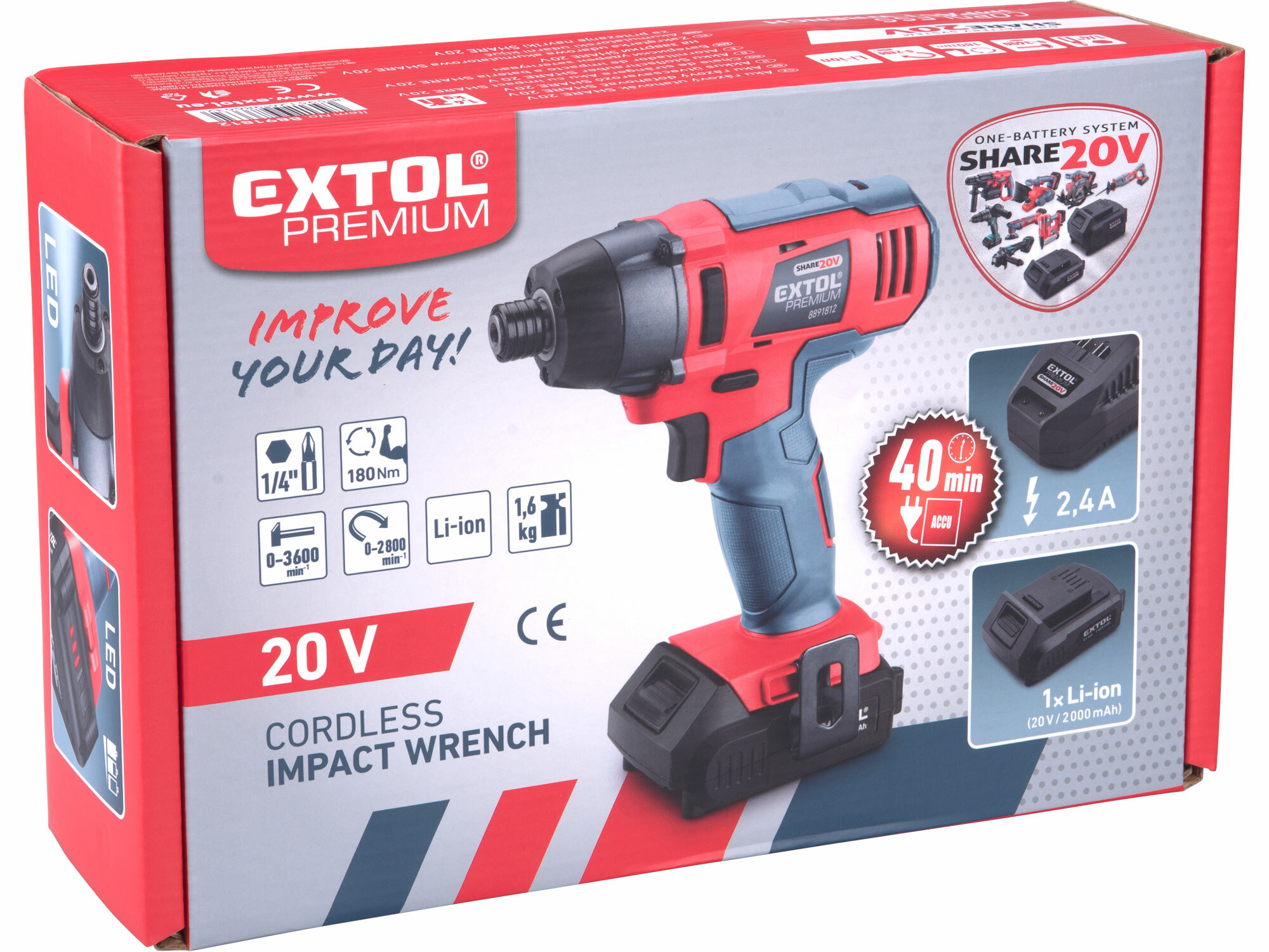 EXTOL PREMIUM 8891812 Uťahovač rázový aku Share20V, 1x 2Ah, 1/4" šesťhran na bity, 180Nm