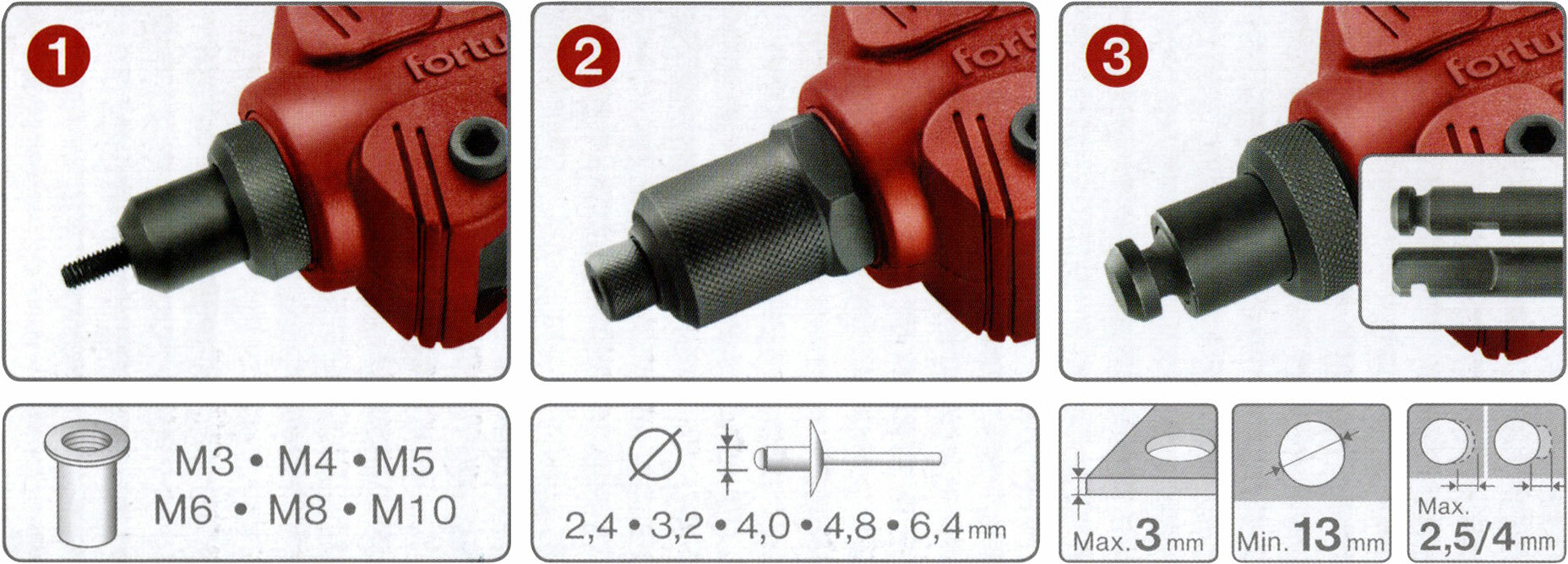 FORTUM 4770638 Kliešte nitovacie a vysekávacie 3v1, nity 2,4-6,4mm, matice M3-M10