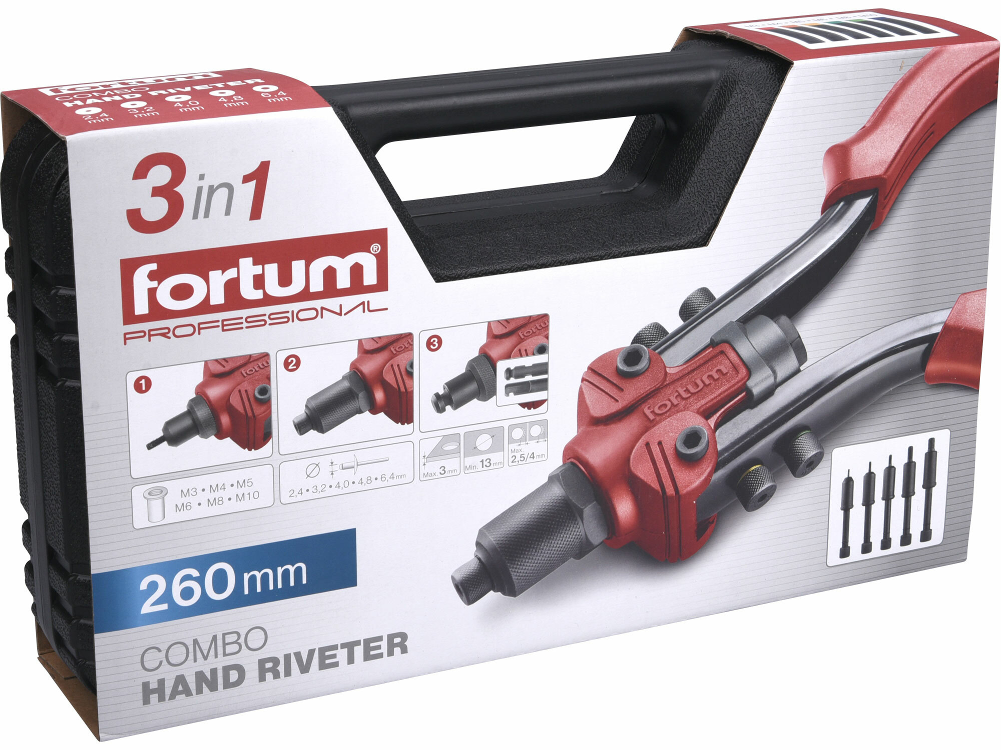 FORTUM 4770638 Kliešte nitovacie a vysekávacie 3v1, nity 2,4-6,4mm, matice M3-M10