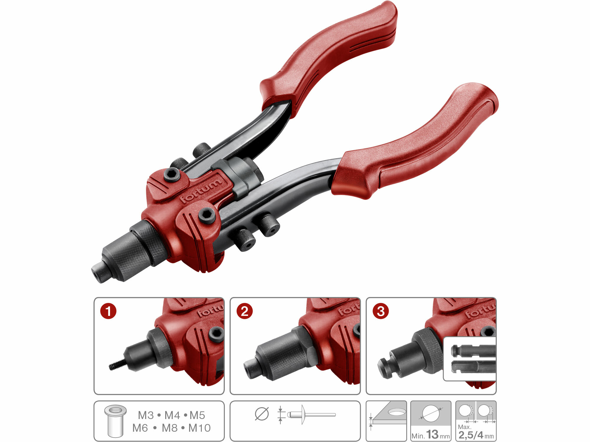 FORTUM 4770638 Kliešte nitovacie a vysekávacie 3v1, nity 2,4-6,4mm, matice M3-M10