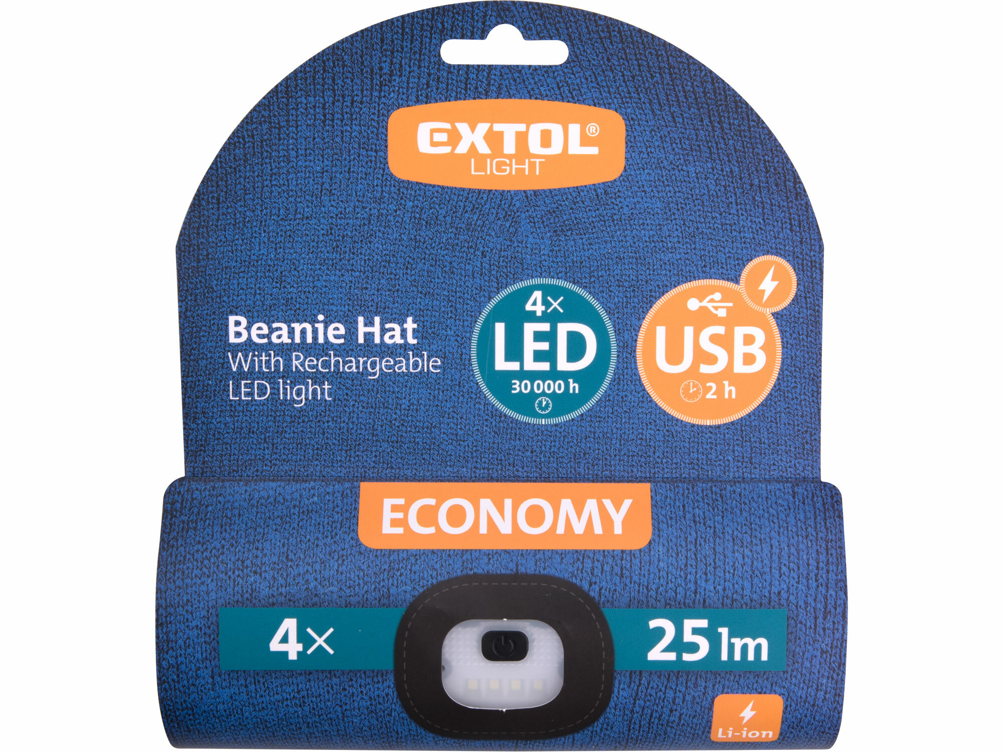 EXTOL LIGHT 43454 Čiapka modrá s čelovým svetlom, LED 4x25lm, 250mAh Li-ion, nabíjanie cez USB