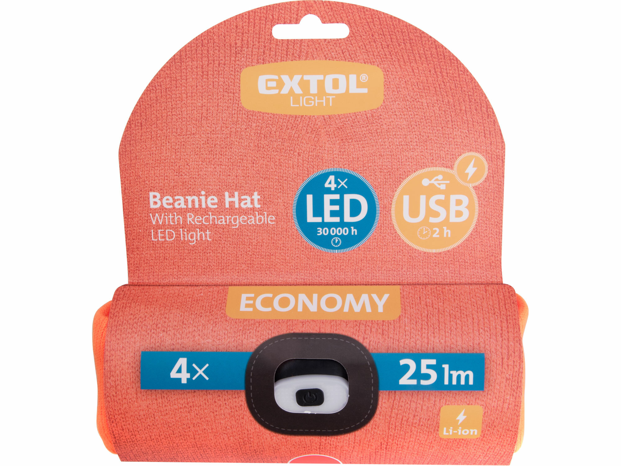 EXTOL LIGHT 43455 Čiapka oranžová s čelovým svetlom, LED 4x25lm, 250mAh Li-ion, nabíjanie cez USB