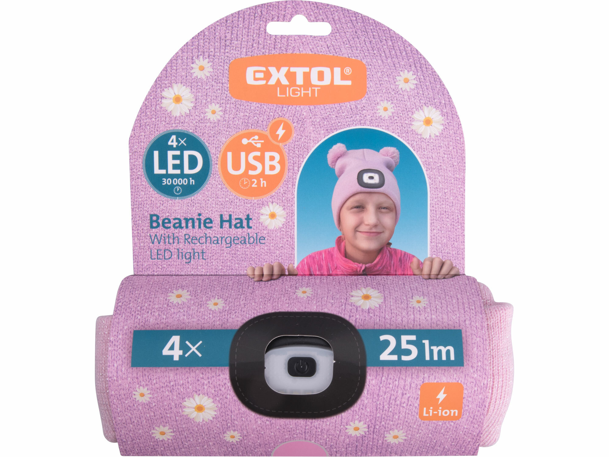 EXTOL LIGHT 43458 Čiapka ružová detská s čelovým svetlom, LED 4x25lm, 250mAh Li-ion, nabíjanie cez USB