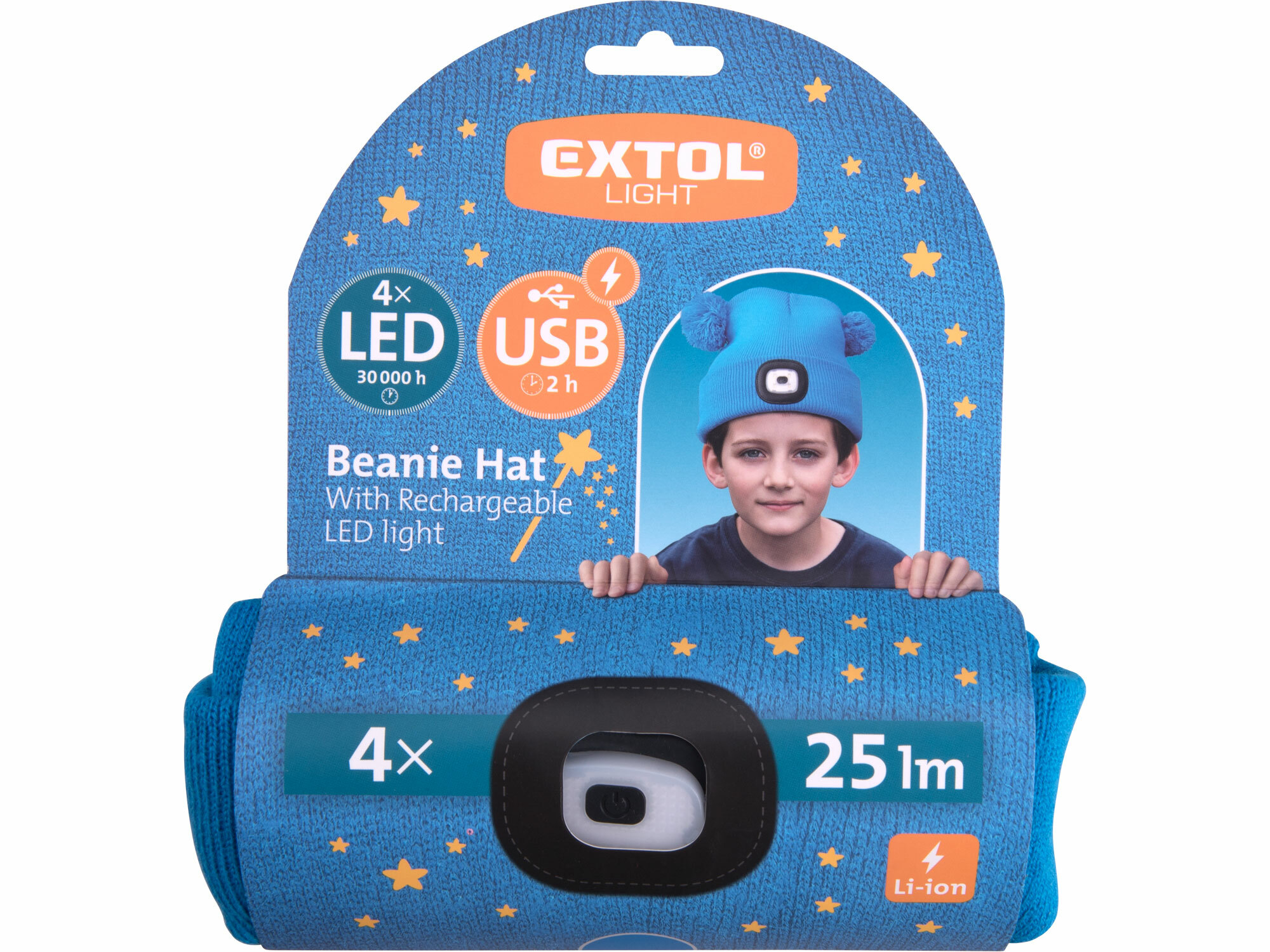 EXTOL LIGHT 43459 Čiapka modrá detská s čelovým svetlom, LED 4x25lm, 250mAh Li-ion, nabíjanie cez USB