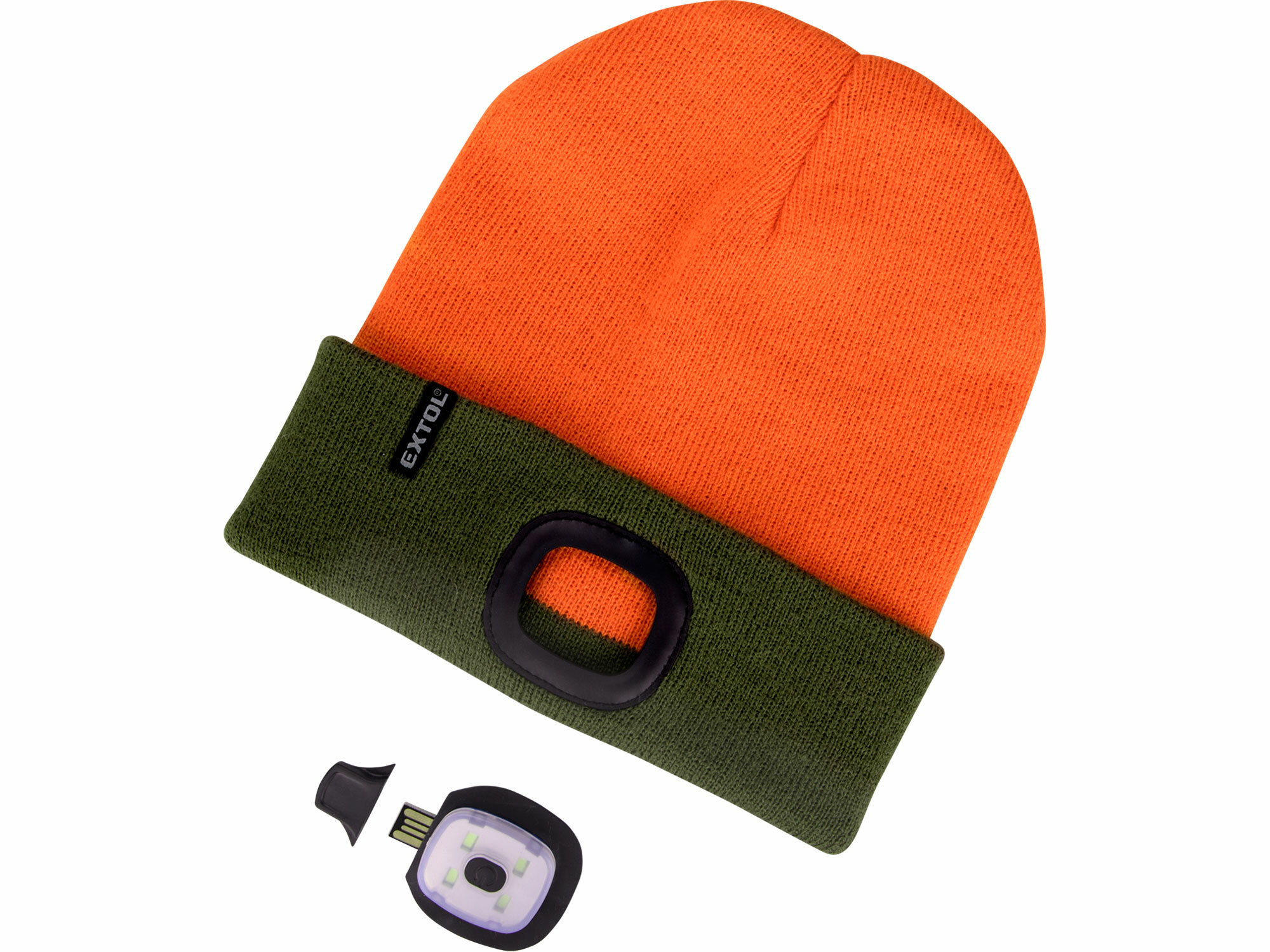 EXTOL LIGHT 43460 Čiapka oranžová/kaki zelená s čelovým svetlom, obojstranná, LED 4x45lm, 300mAh Li-ion, nabíjanie cez USB