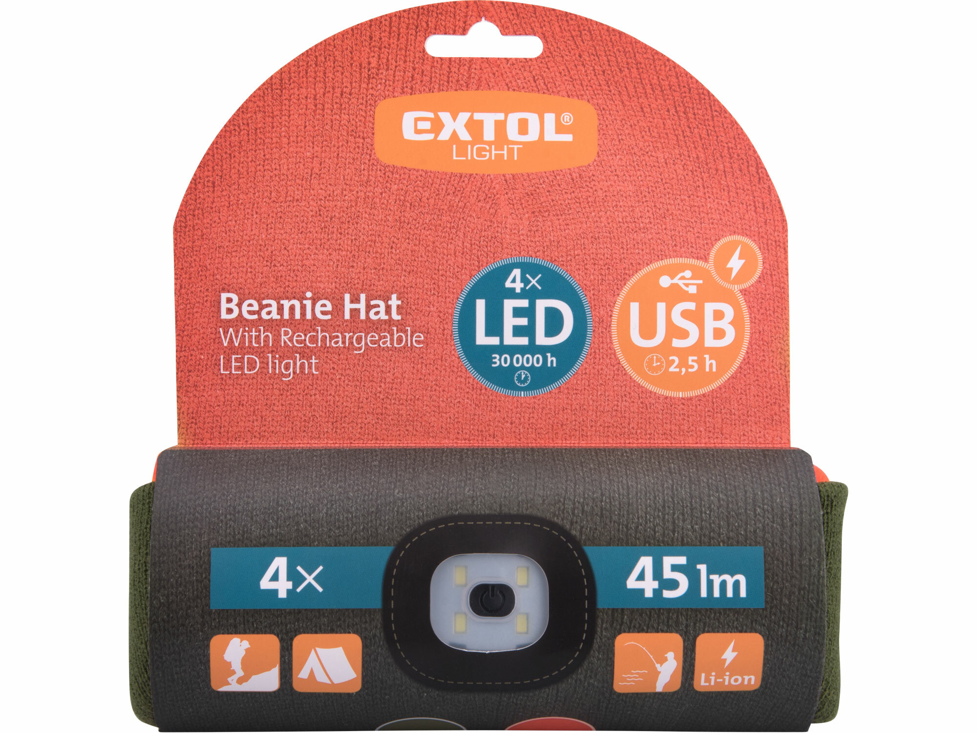 EXTOL LIGHT 43460 Čiapka oranžová/kaki zelená s čelovým svetlom, obojstranná, LED 4x45lm, 300mAh Li-ion, nabíjanie cez USB