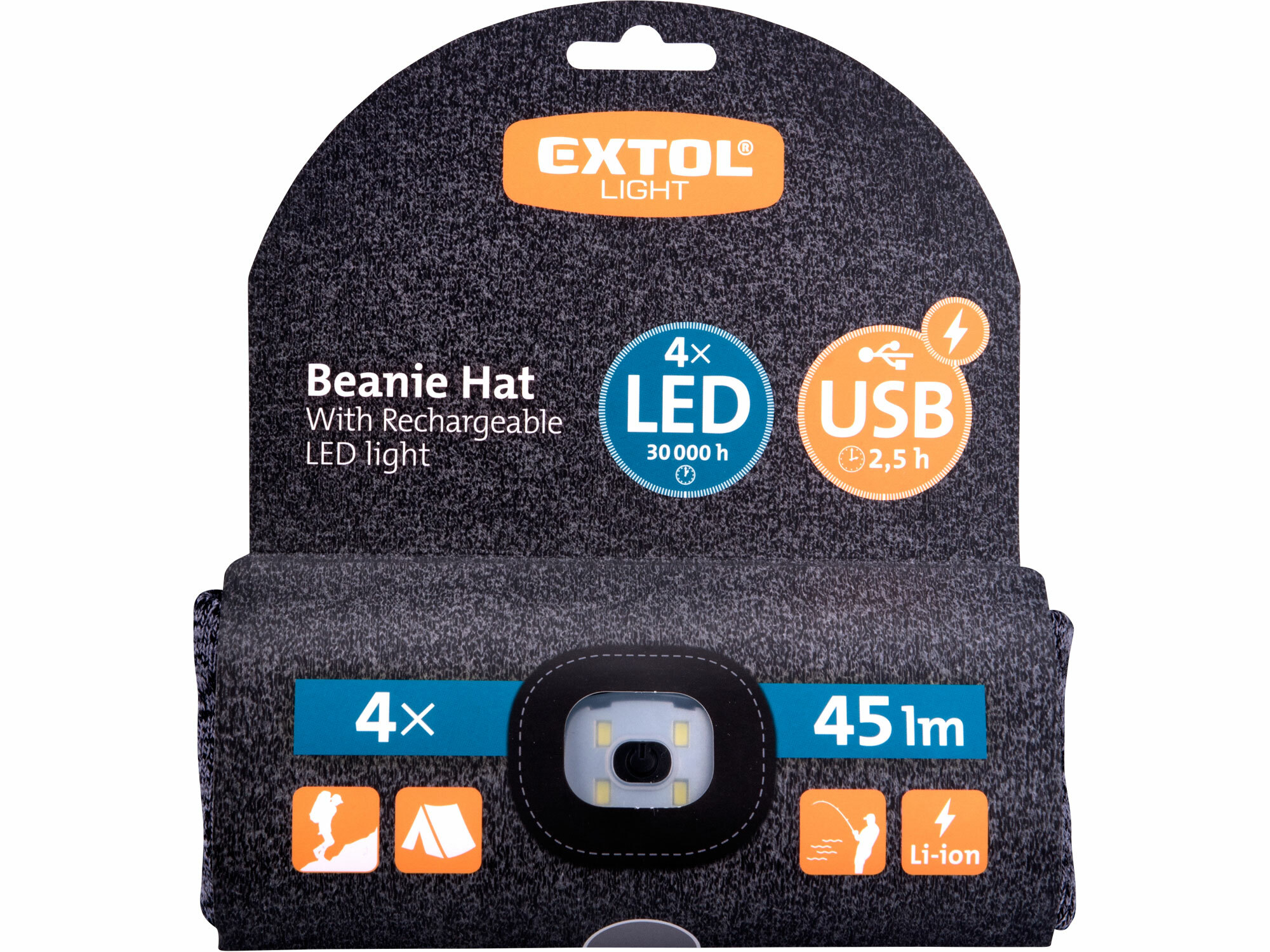 EXTOL LIGHT 43462 Čiapka sivá/čierna s čelovým svetlom, LED 4x45lm, 300mAh Li-ion, nabíjanie cez USB